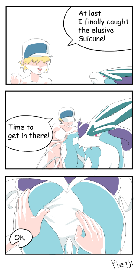 ambiguous_gender ass canine comic dialog english_text featureless_crotch humor interspecies male nintendo nude nullo pienji pokemon pokemon_(species) pokephilia spreading suicune text video_games