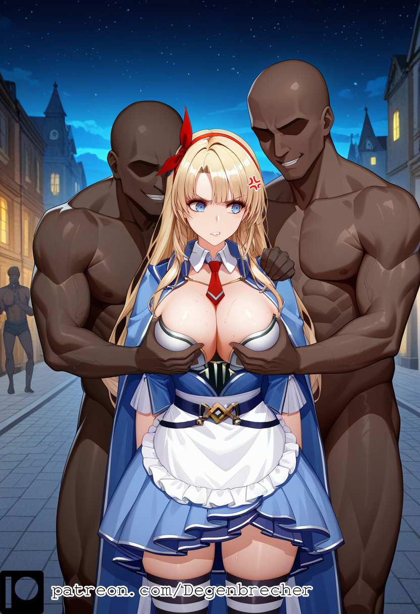 1girls ai_generated alicia_(queen's_blade) black_socks dark-skinned_male degenbrecher large_breasts long_hair long_sleeves molestation patreon patreon_username queen's_blade shirt thighhighs underwear