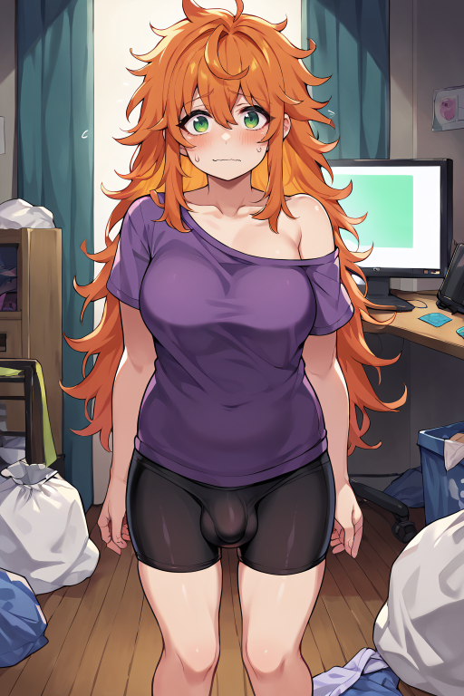 clothed futanari messy_hair neet orange_hair visible_penis_shape