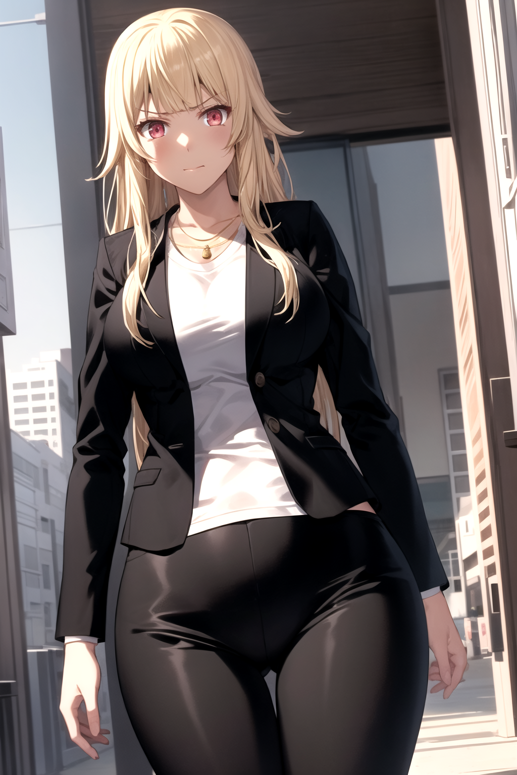 1girl ai_generated arms_at_sides ass_visible_through_thighs black_jacket black_pants blonde_hair blunt_bangs blush breasts building closed_mouth collarbone cowboy_shot day female formal from_below frown gokukoku_no_brynhildr indoors jacket jewelry large_breasts long_hair long_sleeves looking_at_viewer necklace open_clothes open_jacket outdoors pant_suit pants pixiv red_eyes rena_aikawa_(pixiv_user) shirt sidelocks solo stable_diffusion standing suit tachibana_mina_(gokukoku_no_brynhildr) tagme thigh_gap thighs tight_clothes tight_pants v-shaped_eyebrows very_long_hair white_shirt