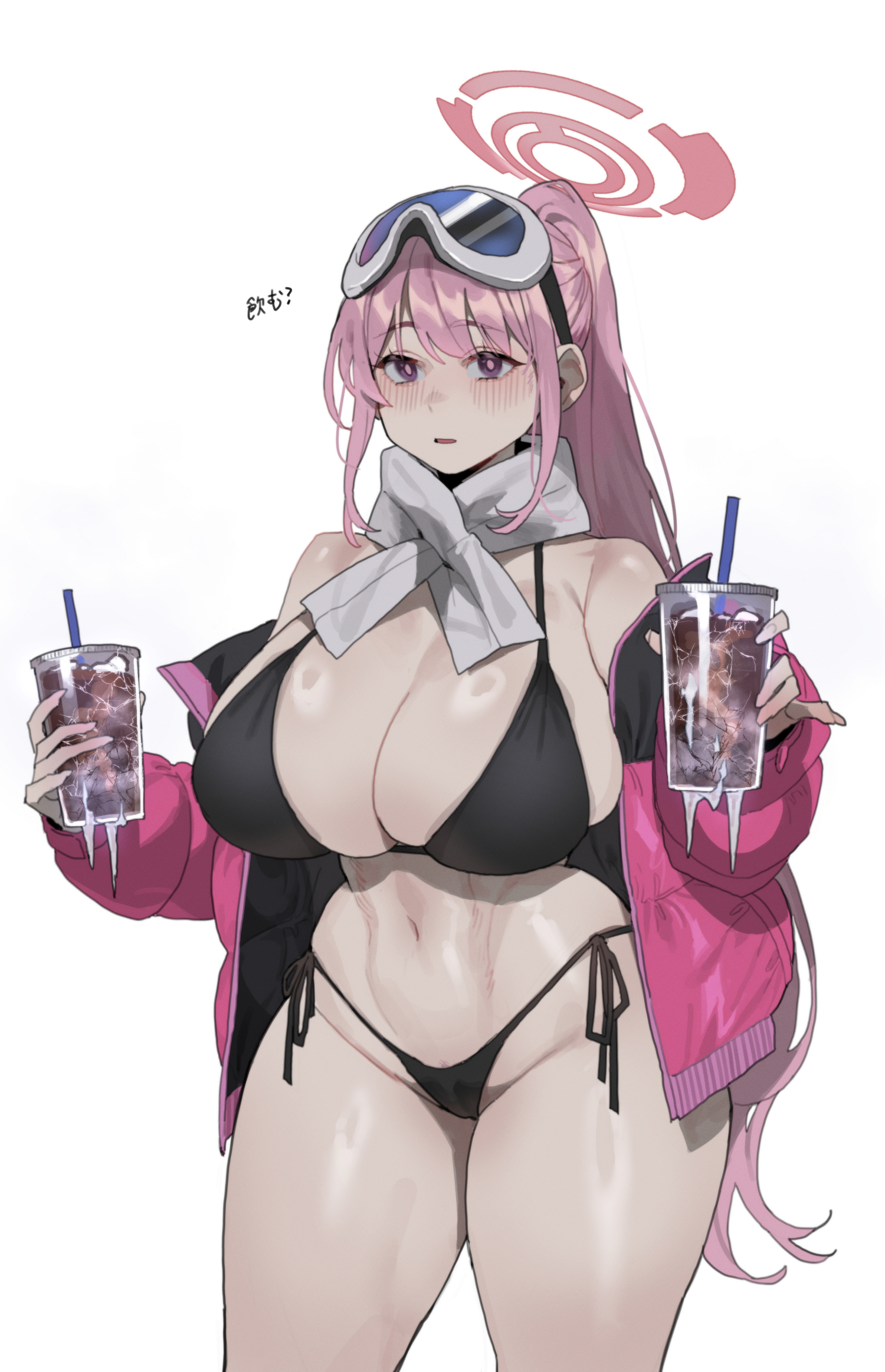 big ass, big breasts, bikini, blue archive, blush, breasts, eimi (blue archive), eimi (swimsuit) (blue archive), female, highres, holding drink, huge breasts, millennium science school student, mimyo, pink hair, swimsuit, thick thighs, video game character, wide hips