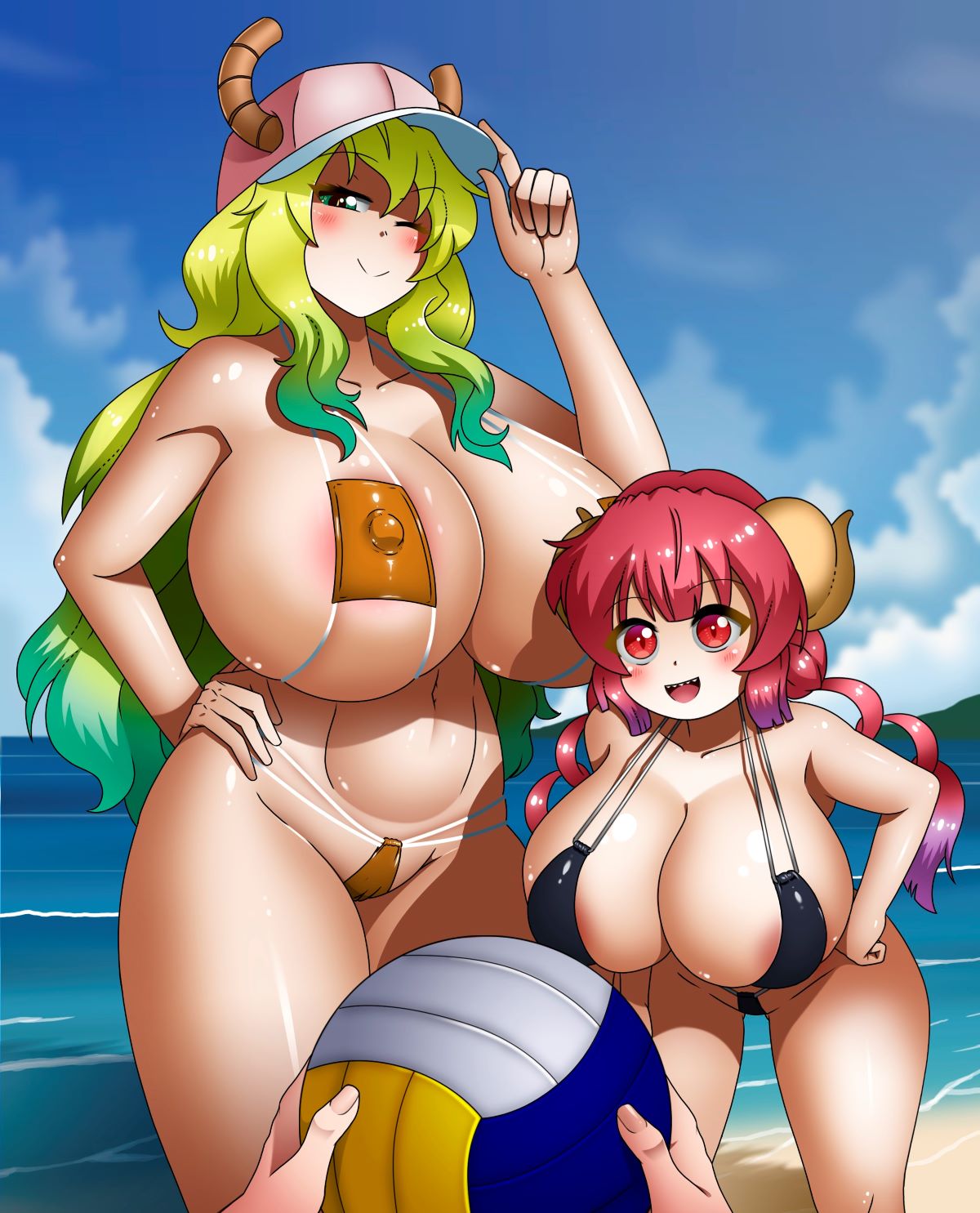 2girls areola areolae bangs big_areola big_areolae big_breasts blonde_hair blunt_bangs blush breasts breasts_bigger_than_head chacrawarrior dragon_girl dragon_horns female gigantic_breasts grin hair_grab highres horned_humanoid horns huge_breasts humanoid ilulu_(dragon_maid) large_breasts light-skinned_female looking_at_viewer lucoa lucoa_(maidragon) miss_kobayashi's_dragon_maid monster_girl multicolored_hair pointy_ears purple_hair quetzalcoatl_(dragon_maid) red_eyes red_hair sharp_teeth shiny shiny_skin slit_pupils smile thick thick_thighs thighhighs thighs twintails two_tone_hair