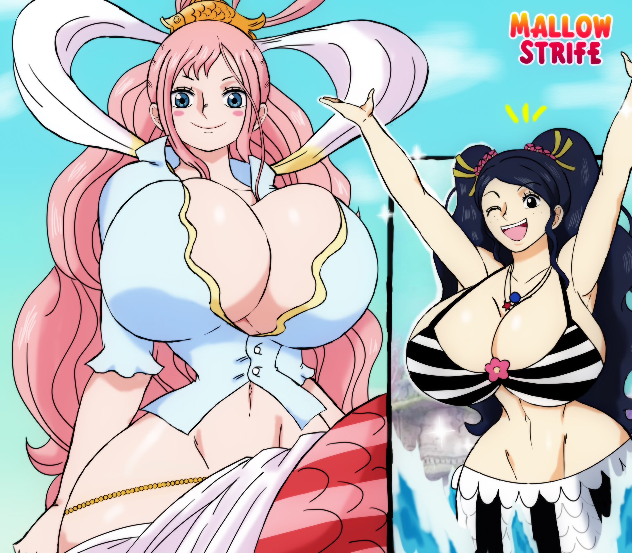 2girls, arms up, big breasts, black hair, blue eyes, blush stickers, breasts, cleavage, clothing, curvy, female, female focus, female only, freckles, highres, huge breasts, ishilly, jewelry, long hair, looking at viewer, mallow strife, merfolk, mermaid, mermaid tail, monster girl, multiple females, multiple girls, narrow waist, navel, necklace, one eye closed, one piece, pink hair, shirahoshi, wide hips