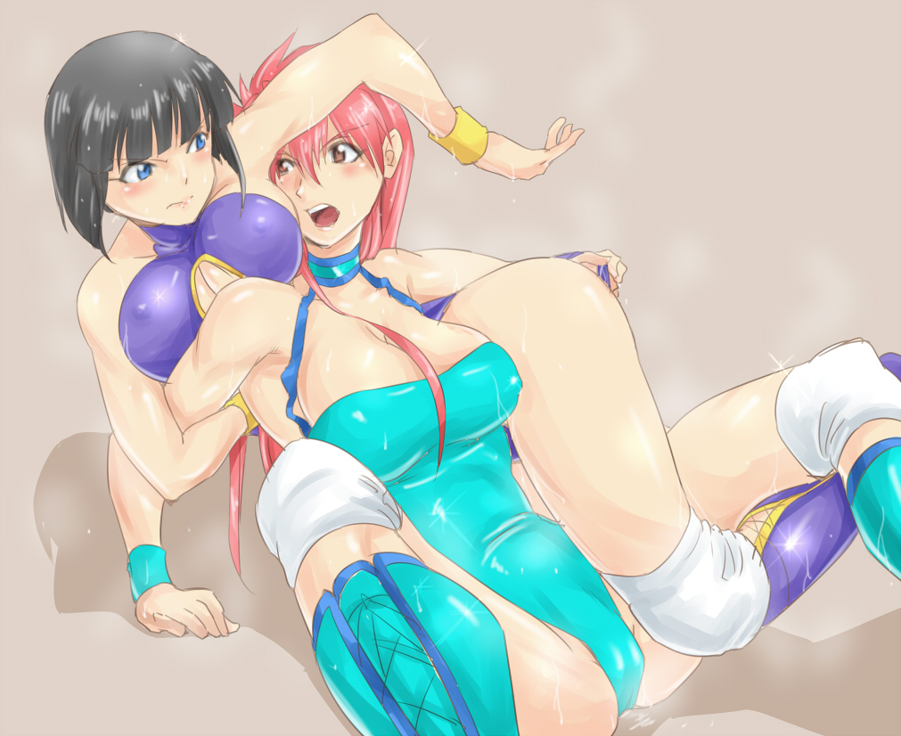 2girls black_hair blue_eyes blush bob_cut boots breasts catfight cleavage cleavage_cutout clothing_cutout knee_pads leotard lips long_hair mighty_yukiko minami_toshimi multiple_girls open_mouth pink_hair purple_eyes short_hair simple_background spread_legs sweat tomjpn wrestle_angels wrestle_angels_survivor wrestling wrestling_outfit wristband