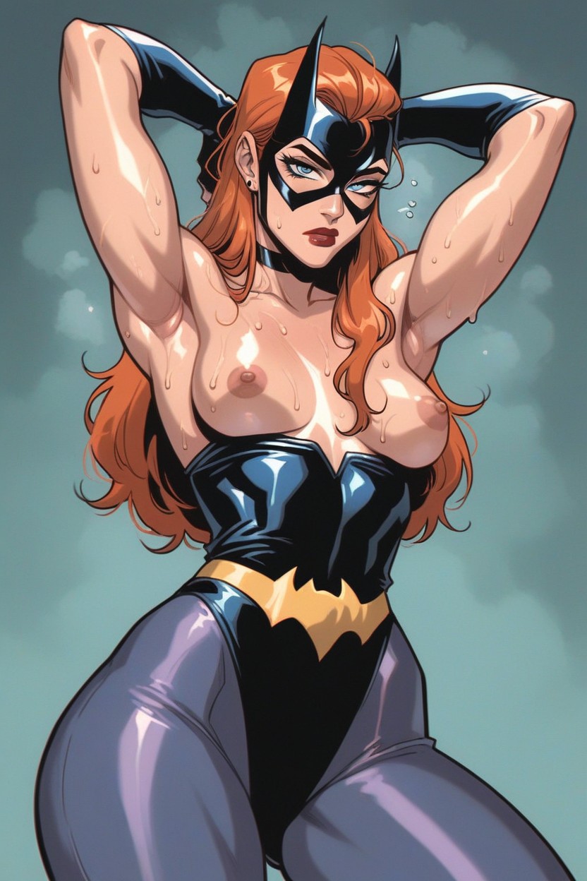 ai generated, armpits, barbara gordon, batgirl, batgirl (barbara gordon), batman (series), blue eyes, breasts, breasts out, dc, dc comics, faprunner78, female, female only, full lips, ginger, ginger hair, hands behind head, hips, long hair, long-haired female, looking at viewer, natural breasts, nipples, slim female, slim waist, small breasts, sweat, sweaty, sweaty body, thick thighs, thighs, waist, wide hips