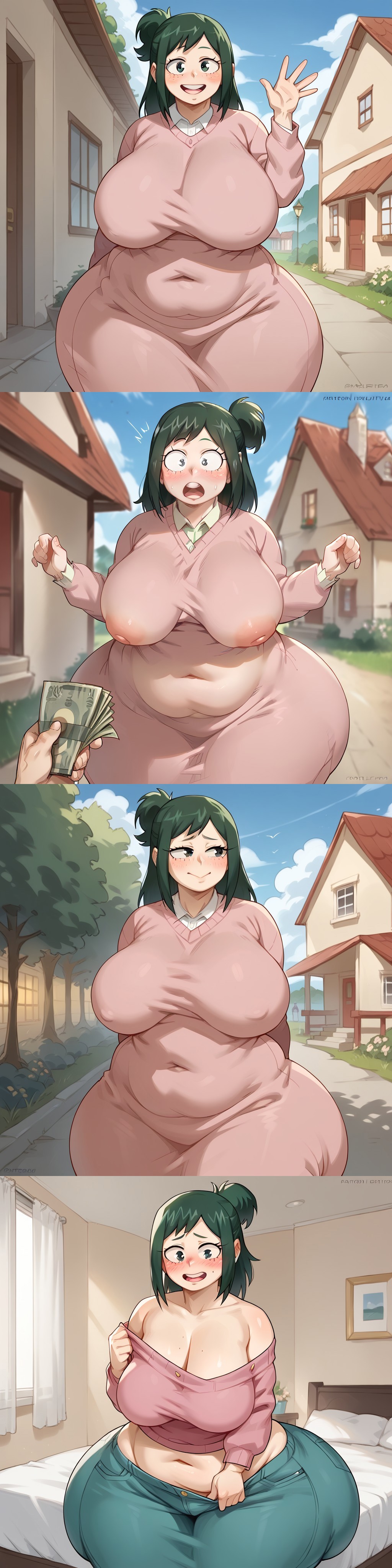 1girls ai_assisted ai_generated bbw big_ass big_breast chubby civitai clothing green_hair huge_ass huge_breasts inko_midoriya kalagod milf money my_hero_academia thick_thighs undressing wide_hips yelftea_(ai_generated)