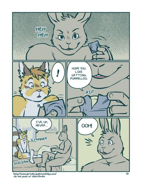 anthro artdecade bed blush comic condom dialog do_not_distribute english_text feline fur furry furry_only gay lagomorph lynx male male/male male_only mammal penis pillow poster rabbit sound_effects text uncut yaoi