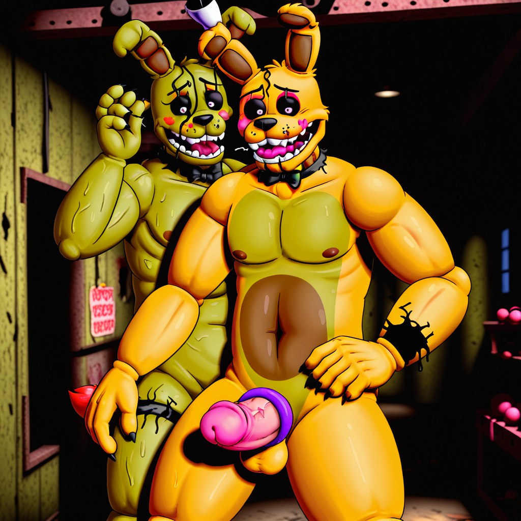 2boys ai_generated anthro balls claws erection factory fangs five_nights_at_freddy's fnaf furry gay green_body humanoid male male/male male_only nude penis rabbit spring_bonnie spring_bonnie_(fnaf) springtrap_(fnaf)