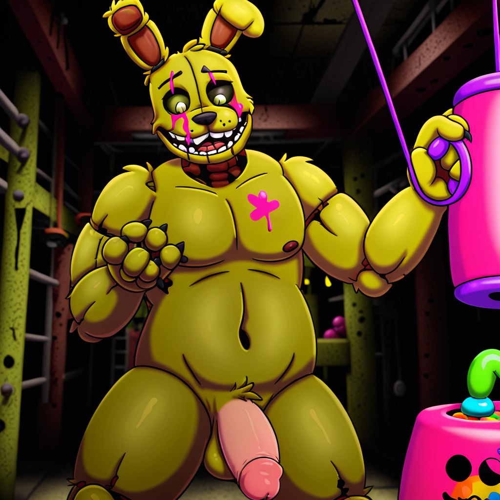 1boy ai_generated anthro balls claws erection factory fangs five_nights_at_freddy's furry green_body humanoid nude penis rabbit solo solo_focus springtrap_(fnaf)