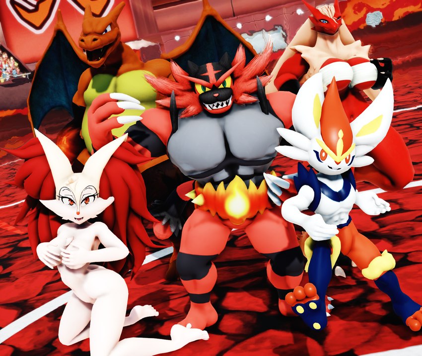 2girls 3boys 3d_model blaziken braixen bray_(lucyfercomic) charizard cinderace female_blaziken fire_type incineroar male_charizard male_cinderace male_incineroar pokemon pokemon_(species) pokemon_swsh