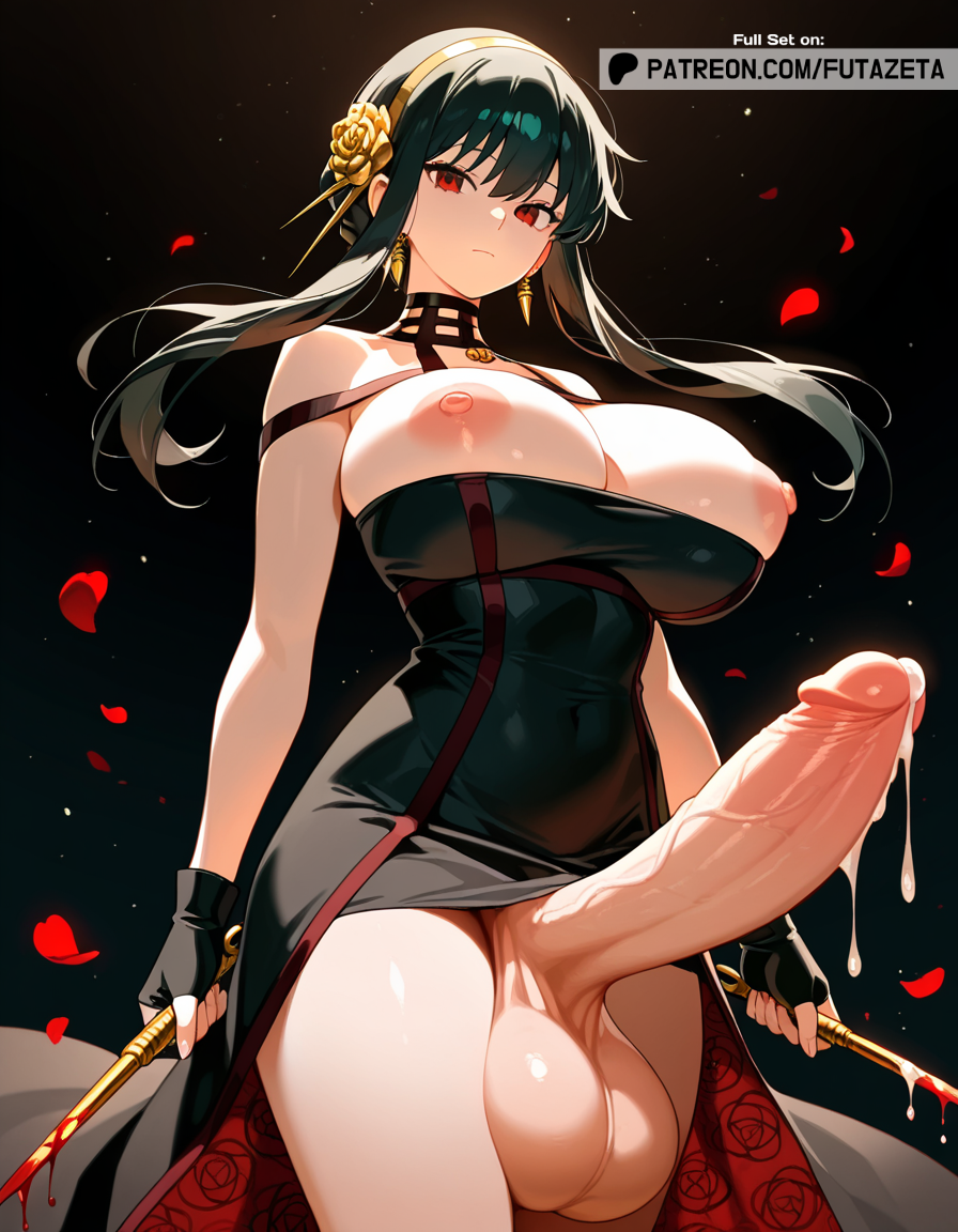 ,1girl, 1futa ai_generated artist_name artist_name, balls bangs, bare_shoulders, big_balls big_breasts black_background, black_choker, black_dress, black_gloves, black_hair, blood, blood_on_weapon, blood_splatter, blush, breasts, breasts_outside, censored, choker, cleavage, closed_mouth, collarbone, commission, covered_navel, cowboy_shot, cum, cumdrip, dagger, dress, dual_wielding, earrings, embers, empty_eyes, english_text, erection, expressionless, eyebrows_visible_through_hair, falling_petals, fingerless_gloves, floating_hair, flower, from_below, frown, futa_only futanari futanari, futazeta glint, gloves, gold, gradient_background, hair_between_eyes, hair_bun, hair_flower, hair_ornament, hair_stick, hairband, halterneck, holding, holding_knife, holding_sword, holding_weapon, huge_breasts, huge_cock huge_penis, jewelry, knife, large_breasts large_breasts, large_penis, laurel_crownyor_briar legs long_dress, long_hair, looking_at_viewer, looking_down, mole, mole_under_eye, mosaic_censoring, nail_polish, necklace, nipples, no_bra, no_panties, original, overflow, paid_reward, patreon_username, penis penis, petals, photoshop_(medium), precum, puffy_nipples, red_eyes, red_flower, red_nails, red_rose, reverse_grip, ribbon, rose, rose_petals, shiny_hair, shiny_skin, sidelocks, simple_background, single_earring, skindentation, skirt, sleeveless, sleeveless_dress, slit_pupils, solo solo, solo_focus spy_x_family standing, strapless, strapless_dress, sword, testicles, thighs, tight, twintails, uncensored uncensored, underbust, veins, veiny_penis, watermark, weapon, web_address, yellow_flower, yor_forger