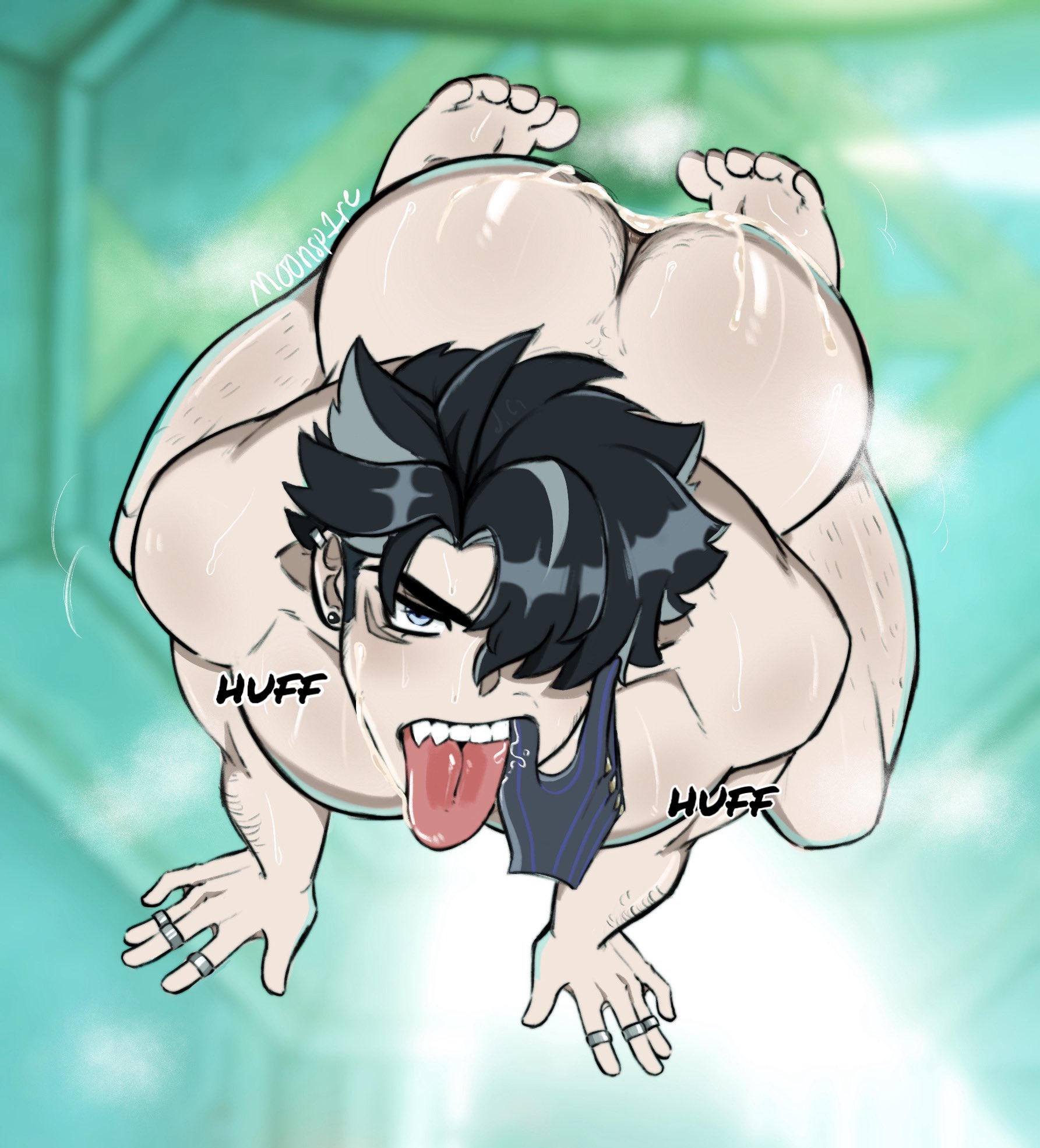 1boy, all fours, artist name, ass, bara, barefoot, big ass, big ass (male), big butt, big butt (male), completely nude, cum, cum in ass, ear piercing, feet, from above, gay, genshin impact, hairy, hairy arms, hairy legs, looking up, m00nsp1re, male, male focus, male only, muscular, muscular male, naked, naked male, nude, nude male, on all fours, ring, solo, solo male, tongue, tongue out, wriothesley (genshin impact), yaoi