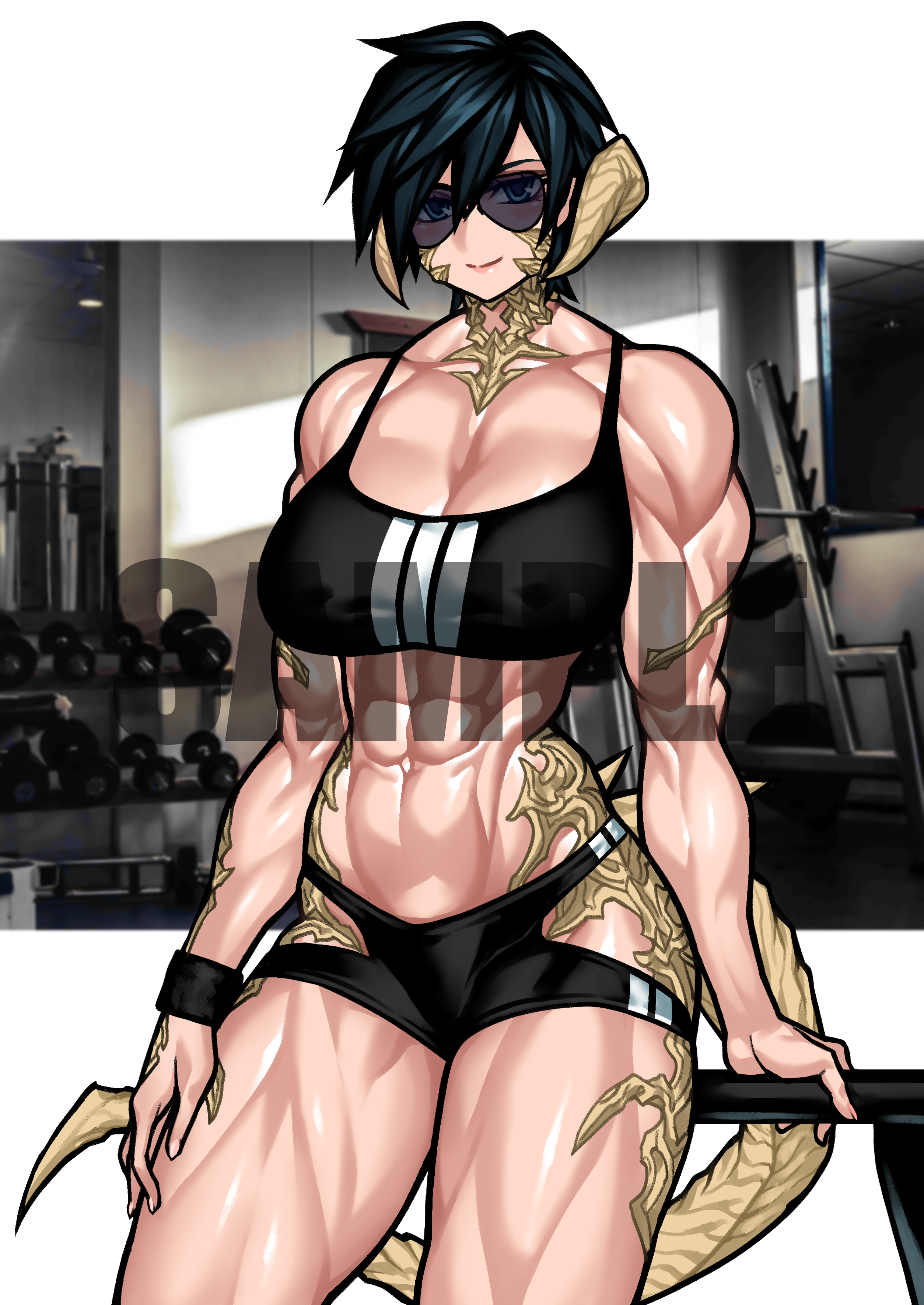 1girls, abs, au ra, black hair, blue eyes, breasts, clothed, clothed female, dragon girl, dragon horns, dragon scales, dragon tail, eisen lorien, final fantasy xiv, glasses, gym, gym bra, gym clothes, horns, large breasts, muscular, muscular female, pecs, pecs with breasts, sample, sample watermark, short hair, six pack, solo, sunglasses, tail, tank top, thick, thick thighs, tomboy, yuto noirm08