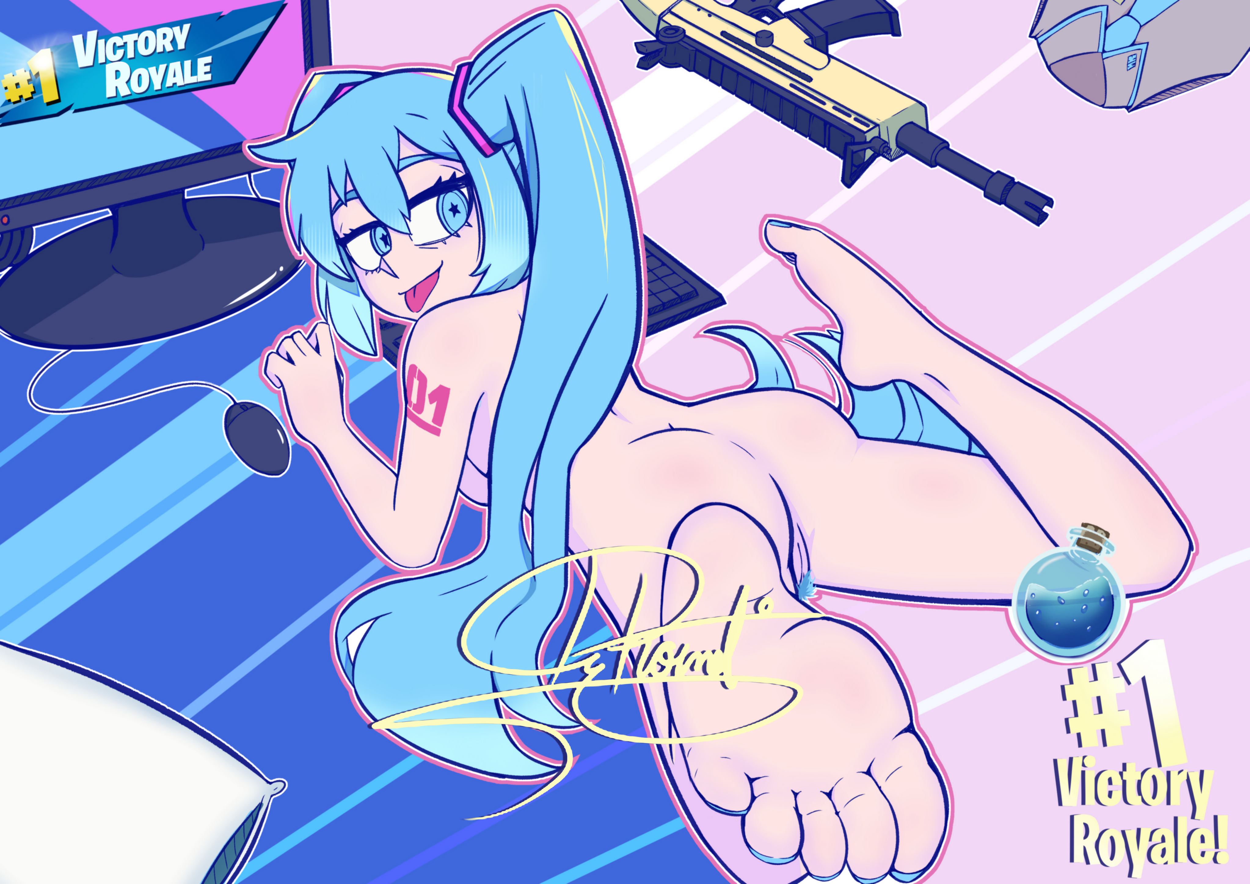 :p, 1girl, 1girls, ass, bare legs, barefoot, blue eyes, blue hair, character name, completely nude, computer, english text, feet, feet up, female, foot fetish, foot focus, fortnite, from behind, full body, gun, hatsune miku, kib00, laying on stomach, long hair, looking at viewer, looking back, lying, nude, nude female, on stomach, phornet jpg, pussy, rifle, smile, soles, solo, tattoo, text, thighs, toenails, toes, tongue, tongue out, twintails, very long hair, victory royale, vocaloid, weapon