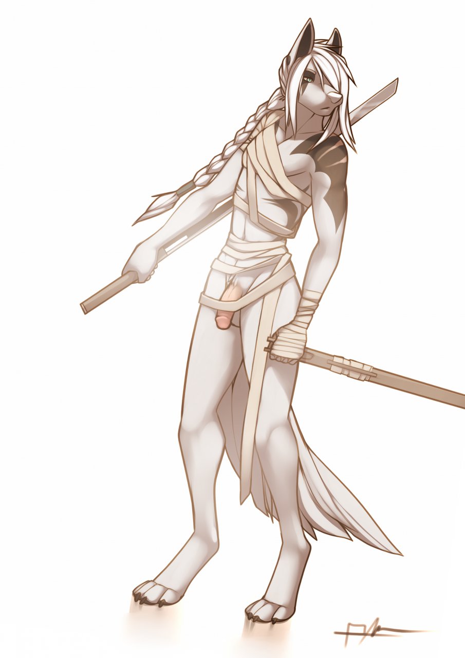 2014 anthro bandages braid braided_hair braided_ponytail canine eyebrows flaccid fur furry hair hair_over_one_eye katana long_hair looking_away lost-paw male male_only mammal penis plain_background solo standing sword weapon white_background white_body white_hair white_nose