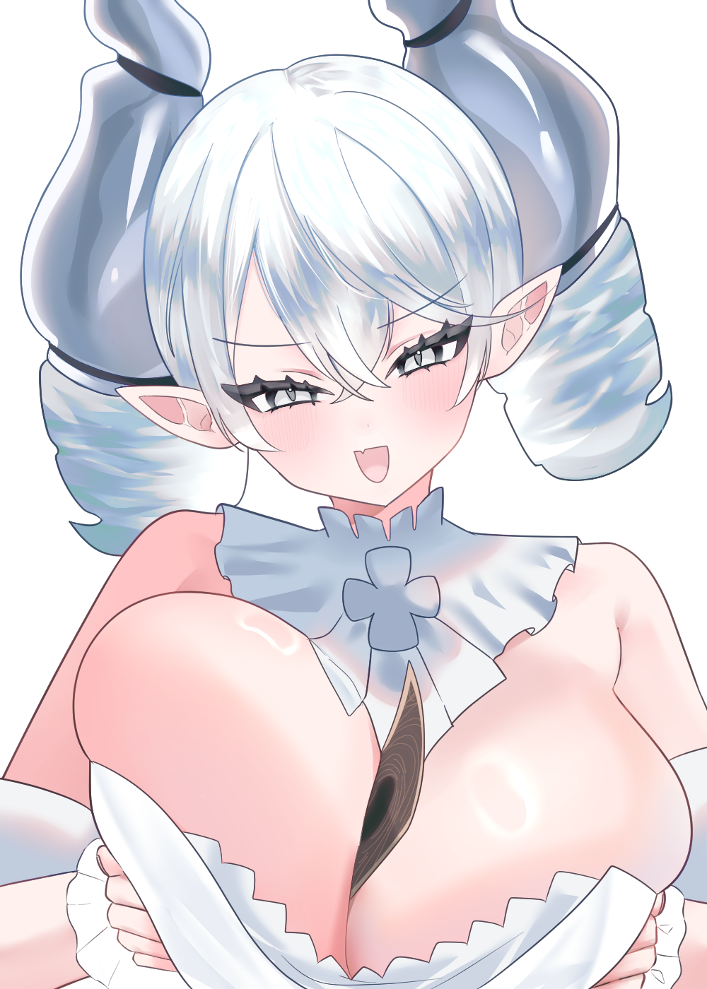 1girls blush breasts card clothing demon demon_girl duel_monster grabbing_own_breast labrynth_of_the_silver_castle looking_at_viewer lovely_labrynth_of_the_silver_castle open_mouth ram_ram_u seductive seductive_smile silver_eyes smile solo twintails white_background white_hair yu-gi-oh!