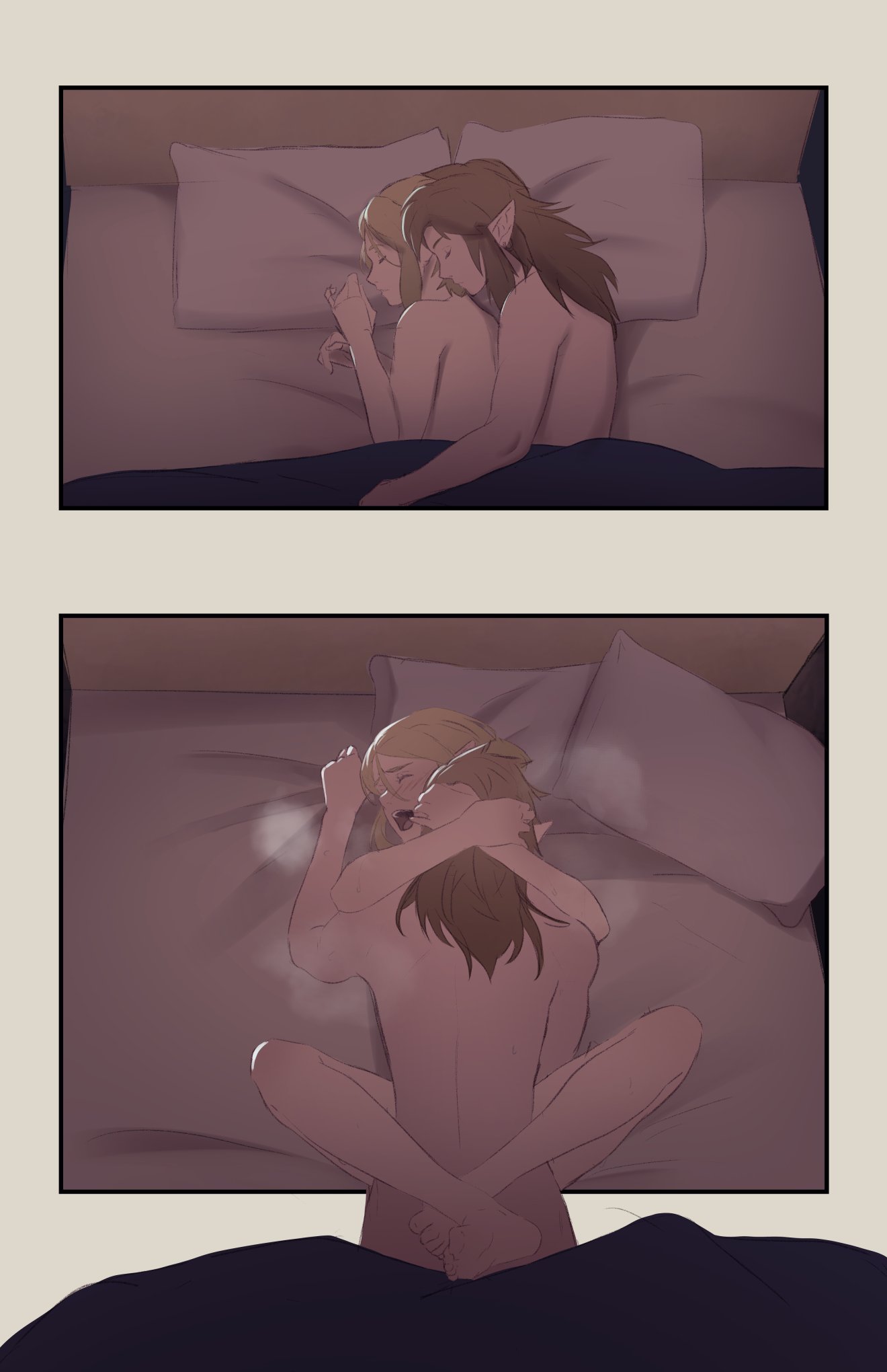 1boy 1girls bed blanket blonde_hair breath comic hug leg_lock link naked nintendo nude pillow pomelomelon princess_zelda sex short_hair sleeping steam tears_of_the_kingdom the_legend_of_zelda zelda_(tears_of_the_kingdom)