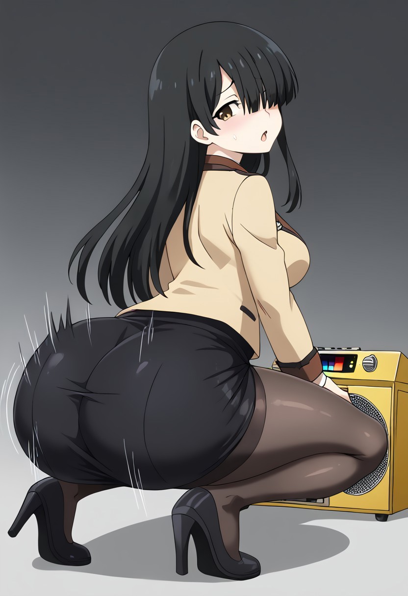 1girls ai_generated ass ass_shake black_hair body_control boombox breasts brown_eyes date_a_live female gold_boombox_(prevence) long_hair looking_at_viewer looking_back pantyhose pencil_skirt shiizaki_hinako twerk twerk_hypnosis twerking