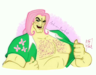 1boy animation_meme art_trend artist_request chest_hair flutterguy fluttershy_(mlp) human_artist humanization humanized humanized_pony instagram_source long_hair male male_only meme meme_reference mlp_g4 muscular my_little_pony no_ai pink_hair shitpost solo solo_focus trend yellow_body you_made_me_mlp_meme