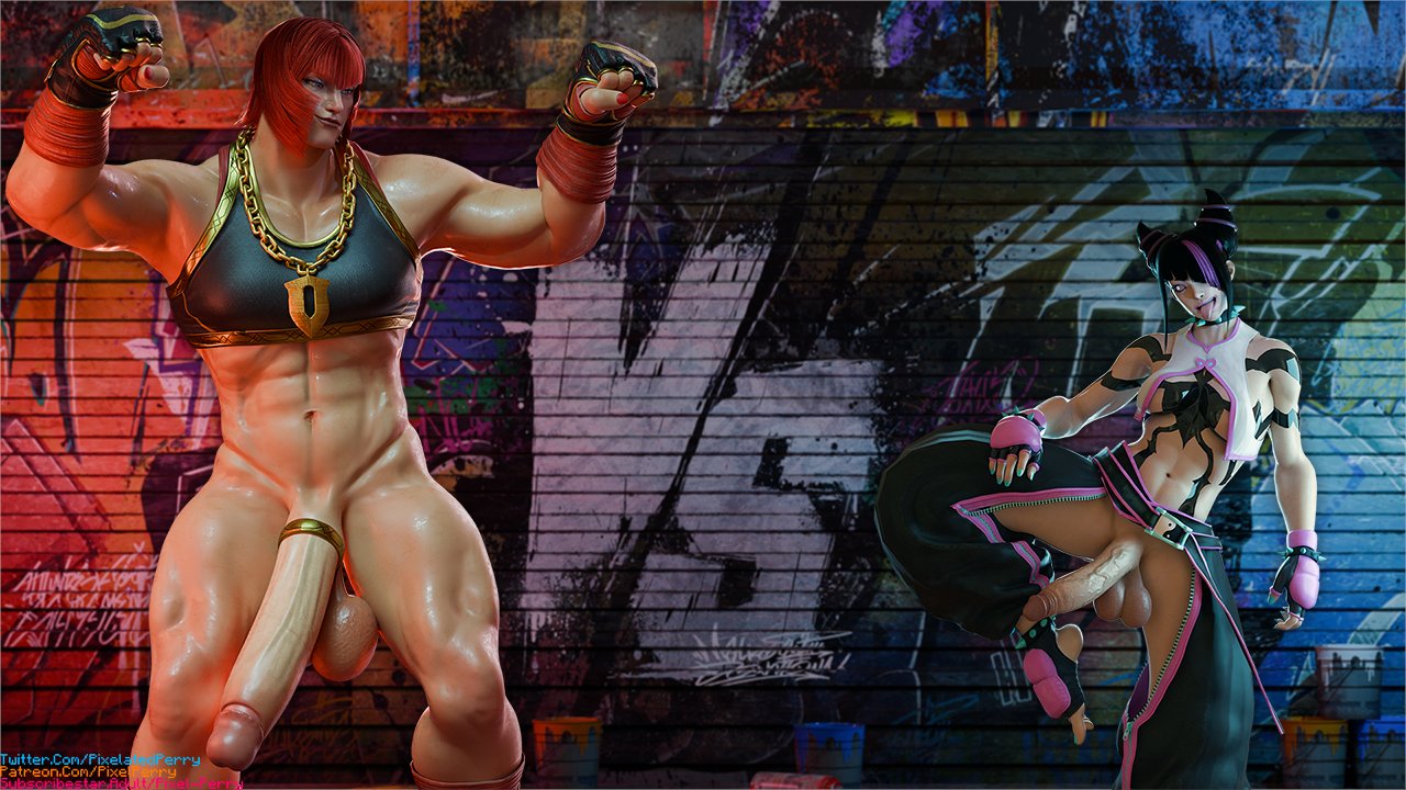 3d cock_ring fighting_clothes fighting_game fighting_pose fighting_stance futa_only futa_vs_futa futanari juri_han marisa_rossetti pixel-perry street_fighter street_fighter_6сщс