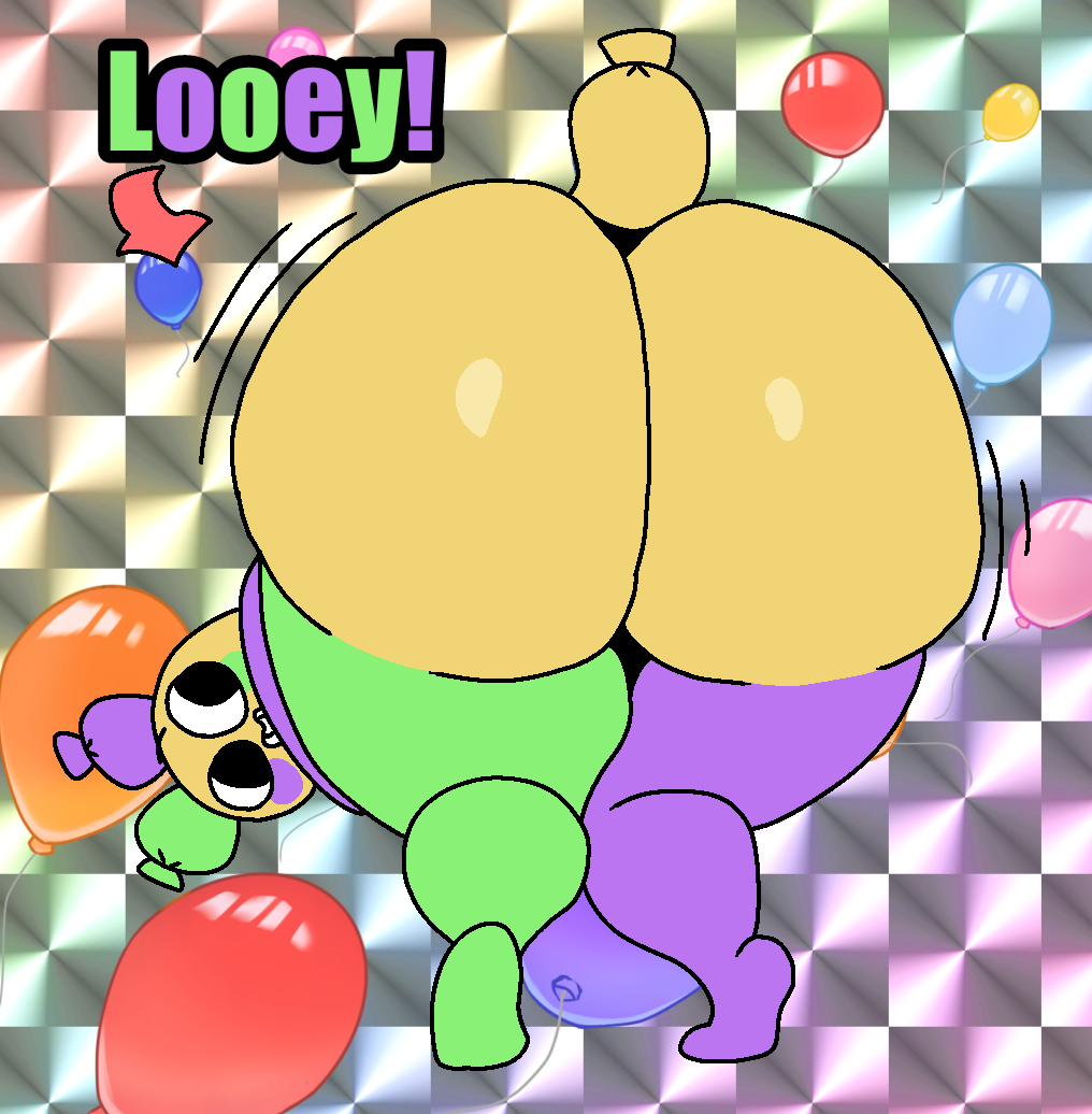 ass_focus balloon bending_over black_eyes dandy's_world feet green_ears green_legs huge_ass impact_(font) looey_(dandy's_world) looking_at_ass no_genitals_shown purple_ears purple_legs yellow_ass