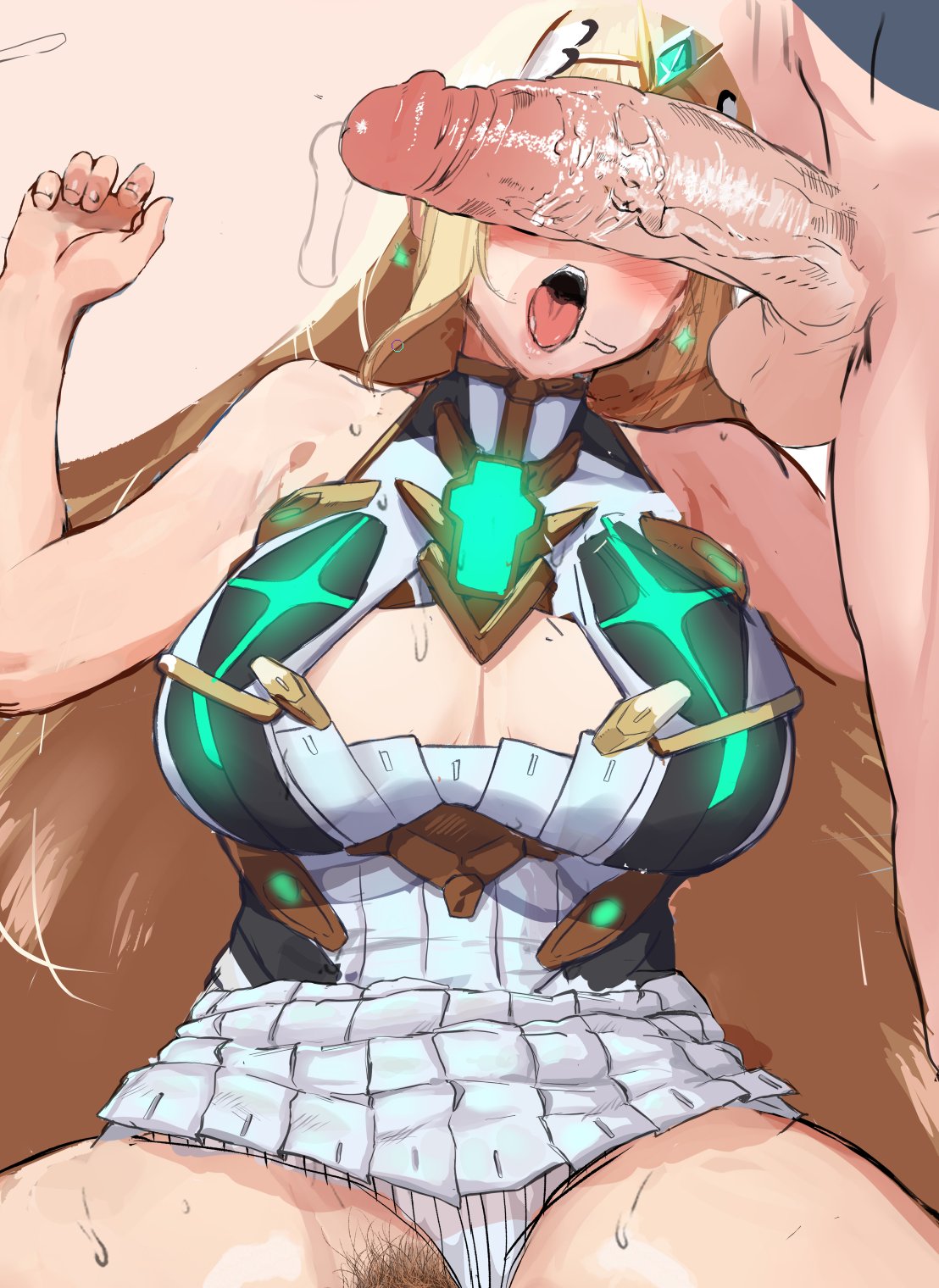 1boy awesomeerix bare_shoulders blush breasts chest_jewel cleavage cleavage_cutout clothing_cutout dress erection female female_pubic_hair highres large_breasts long_hair mythra_(xenoblade) open_mouth penis pubic_hair spread_legs straight testicles tiara white_dress xenoblade_chronicles_(series) xenoblade_chronicles_2