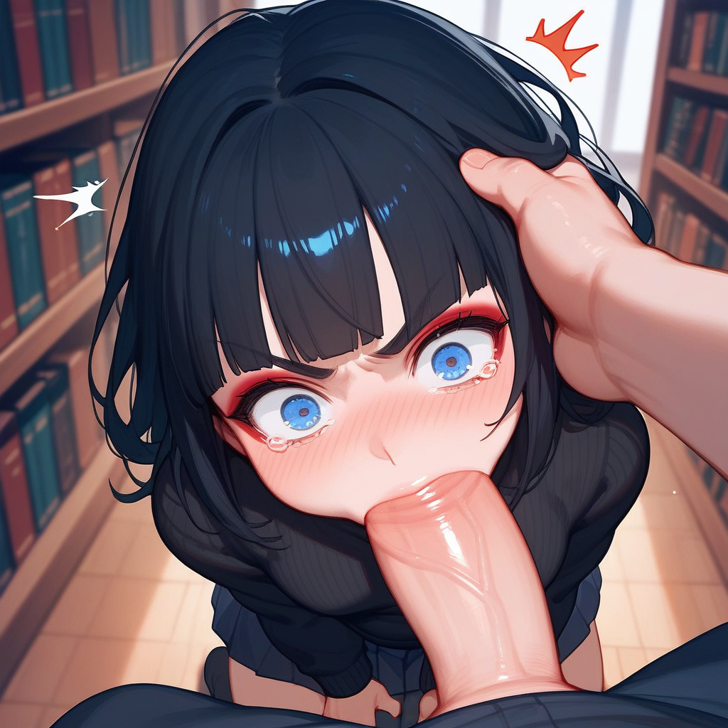 ai_generated angry black_hair blue_eyes blush forced forced_oral hand_on_head hime_cut irrumatio oral original_character pov princess_wonderland rape self_insert