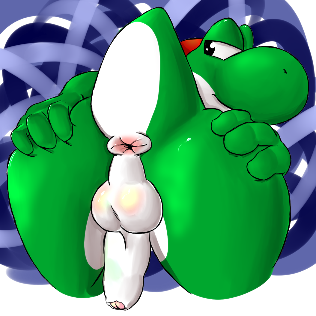 2014 3_fingers anthro anus ass ass_grab balls big_nose cybermananon half-closed_eyes happy hi_res high_resolution highres looking_away looking_back male male_only mario_(series) nintendo nude penis presenting presenting_hindquarters smile solo spreading uncut video_games yoshi