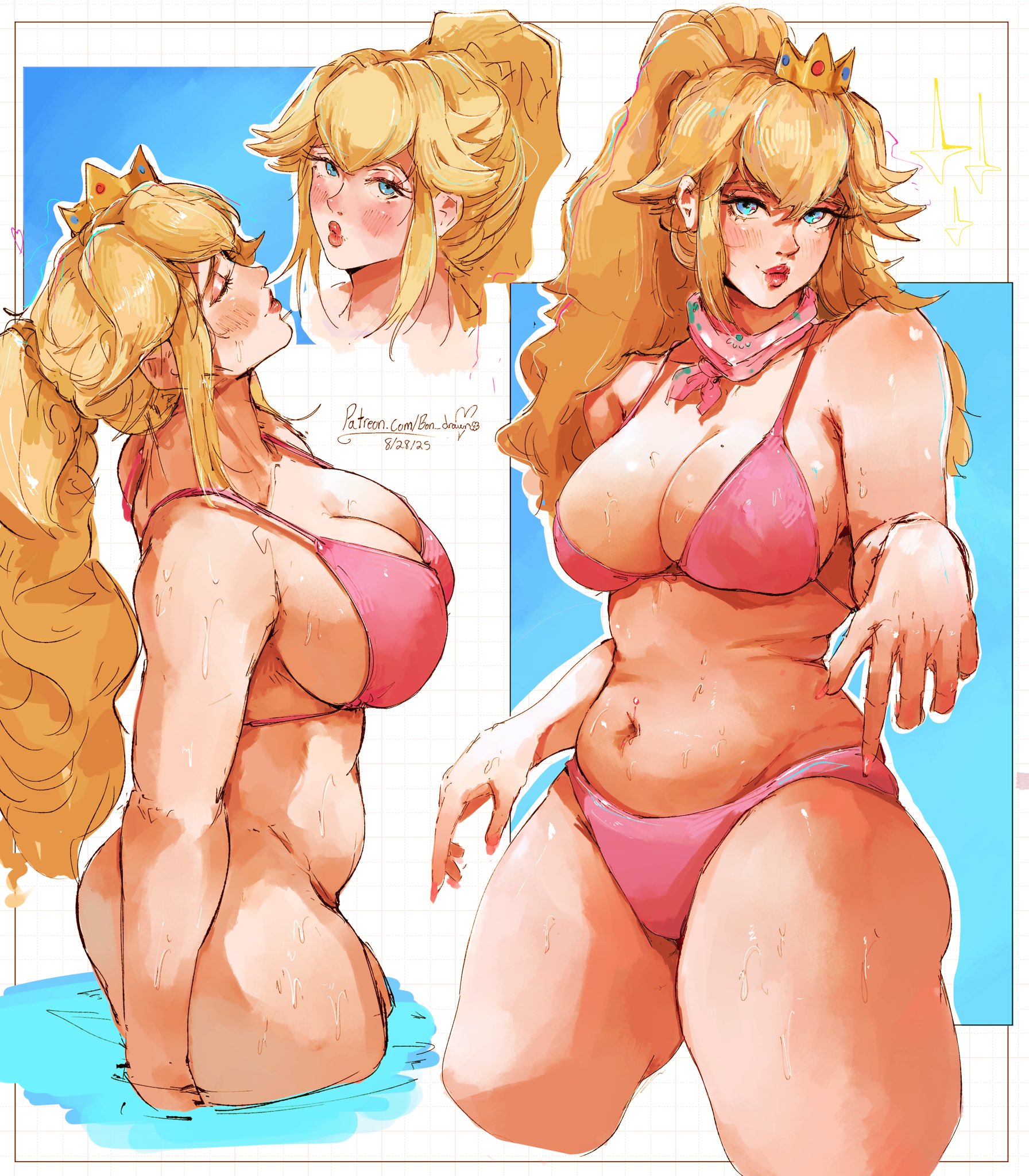 1girls, big breasts, bikini, blonde hair, blue eyes, blush, bon drawr, breasts, busty, crown, female, female only, from side, large breasts, long hair, mario (series), mini crown, multiple views, navel, pink bikini, ponytail, pose, posing, princess peach, seductive, seductive look, seductive smile, sexy, sexy pose, smile, swimsuit, tagme, voluptuous