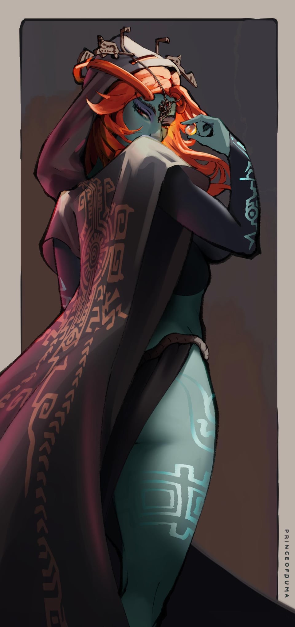 blue_skin fully_clothed looking_at_viewer looking_back midna midna_(true_form) princeofduma red_hair tattoo tattoos the_legend_of_zelda the_legend_of_zelda:_twilight_princess thick_thighs thigh_tattoo thighs