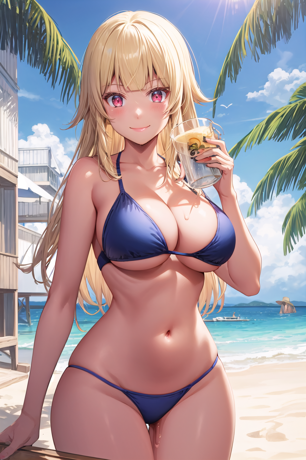 1girl ai_generated ass_visible_through_thighs bare_arms bare_shoulders beach bikini bird blonde_hair blue_bikini blue_sky blunt_bangs blush breasts bubble_tea building cleavage closed_mouth cloud collarbone cowboy_shot cup day disposable_cup drink drinking_glass drinking_straw dripping female gokukoku_no_brynhildr groin halterneck hand_up hime_cut holding holding_cup holding_drink large_breasts long_hair looking_at_viewer nail_polish navel ocean outdoors palm_tree pixiv red_eyes rena_aikawa_(pixiv_user) sand sidelocks skindentation sky smile solo stable_diffusion standing stomach string_bikini sun sunlight swimsuit tachibana_mina_(gokukoku_no_brynhildr) tagme thigh_gap thighs tree underboob water watercraft wet