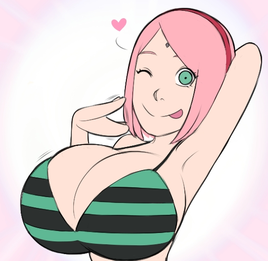 armpits big_boobs big_breasts big_tits bikini_top green_eyes heart huge_breasts naruto naruto_(series) naruto_shippuden one_eye_closed pink_hair sakura_haruno tongue_out