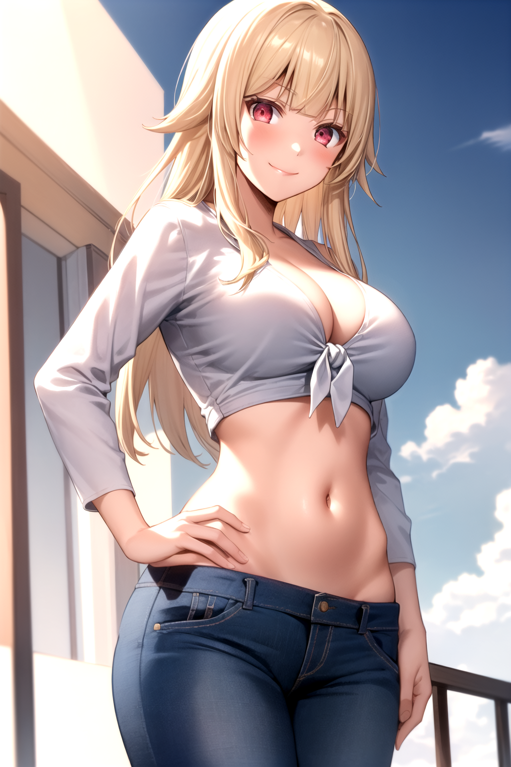 1girl ai_generated blonde_hair blue_pants blue_sky blunt_bangs blush breasts cleavage closed_mouth cloud cowboy_shot crop_top day denim female front-tie_top gokukoku_no_brynhildr grey_shirt groin hair_flaps hand_on_own_hip hime_cut jeans large_breasts long_hair long_sleeves looking_at_viewer midriff navel outdoors pants pixiv railing red_eyes rena_aikawa_(pixiv_user) shirt sidelocks sky smile solo stable_diffusion standing stomach sunlight tachibana_mina_(gokukoku_no_brynhildr) tagme tied_shirt white_shirt