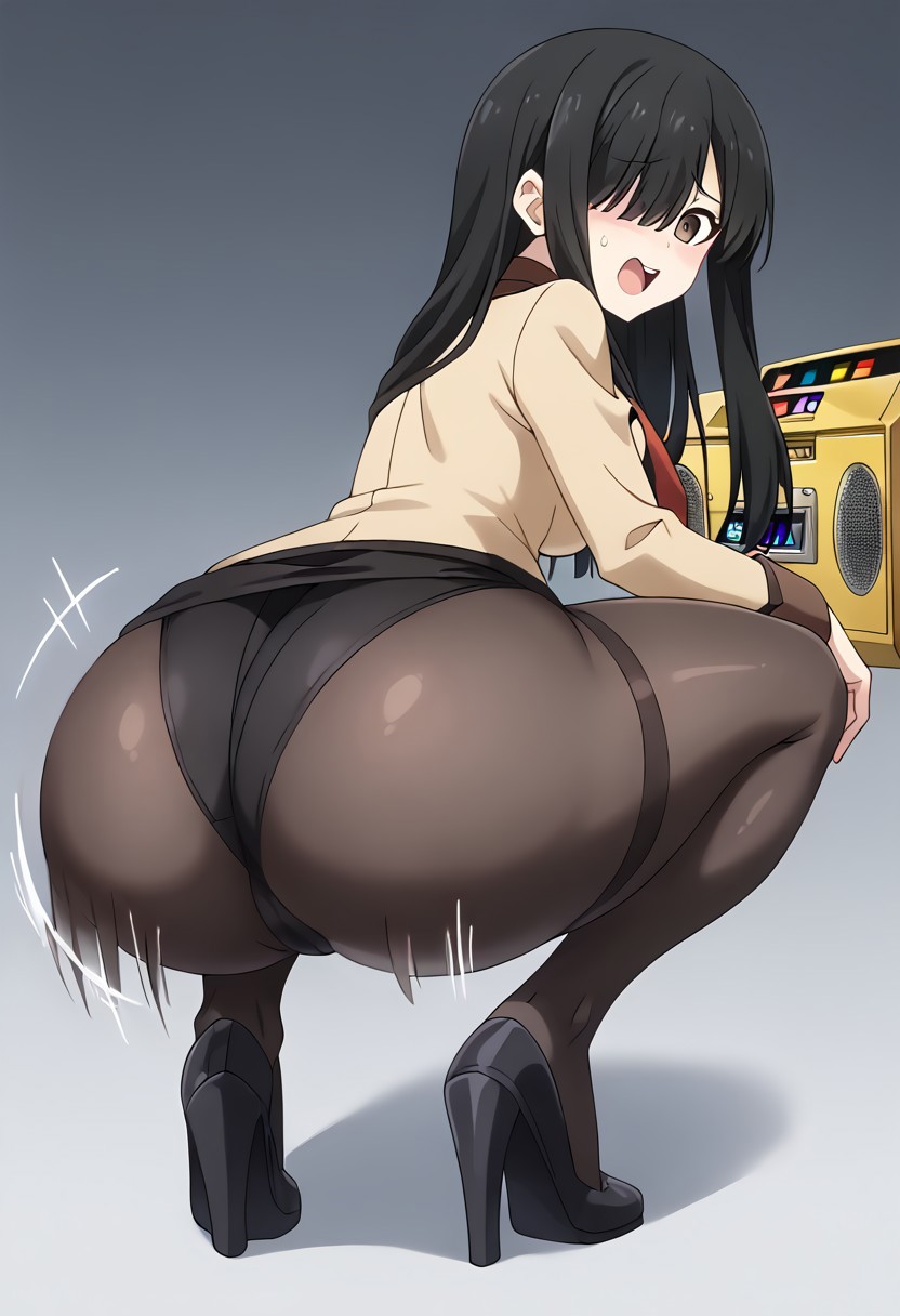 1girls ass ass_shake big_ass black_hair body_control boombox breasts brown_eyes date_a_live female gold_boombox_(prevence) long_hair looking_at_viewer looking_back pantyhose pencil_skirt shiizaki_hinako twerk twerk_hypnosis twerking