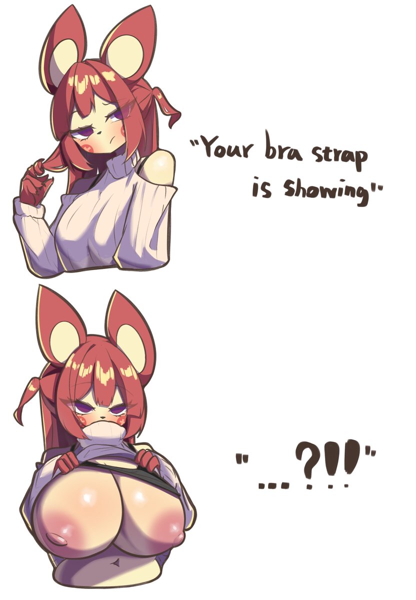 ?!!, 1girls, 2026, 2d, 2d (artwork), animal ears, big breasts, black bra, boobs, boobs out, bra, bra strap is showing (meme), breasts, breasts out, clothed, clothing, color, colored, creatures (company), digital media (artwork), english, english text, female, female only, furry, furry female, gen 3 pokemon, generation 3 pokemon, hair, hi res, huge breasts, hyperpatato, large breasts, looking at partner, nipples, plusle, pokemon, pokemon (species), pokemon rse, purple eyes, red hair, simple background, solo, text, tits, white background
