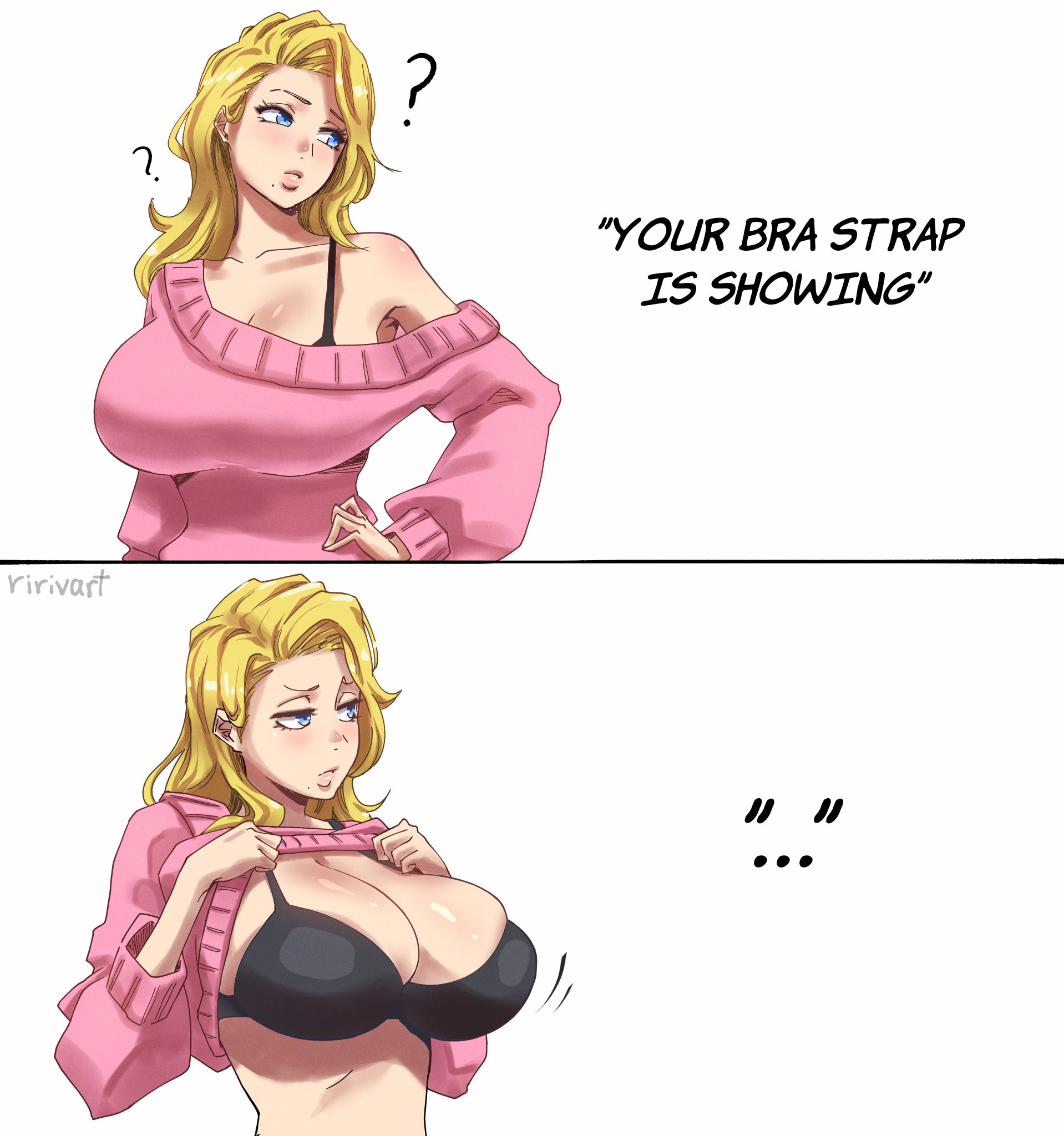 1girl, 1girls, black bra, bleach, blushing, bra, bra strap, bra strap is showing (meme), breasts, fat breasts, female, female only, flat belly, huge breasts, light-skinned female, matsumoto rangiku, meme, pink sweater, ririvart, shirt, shirt lift, shirt lifted by self, shirt up, solo, sweater