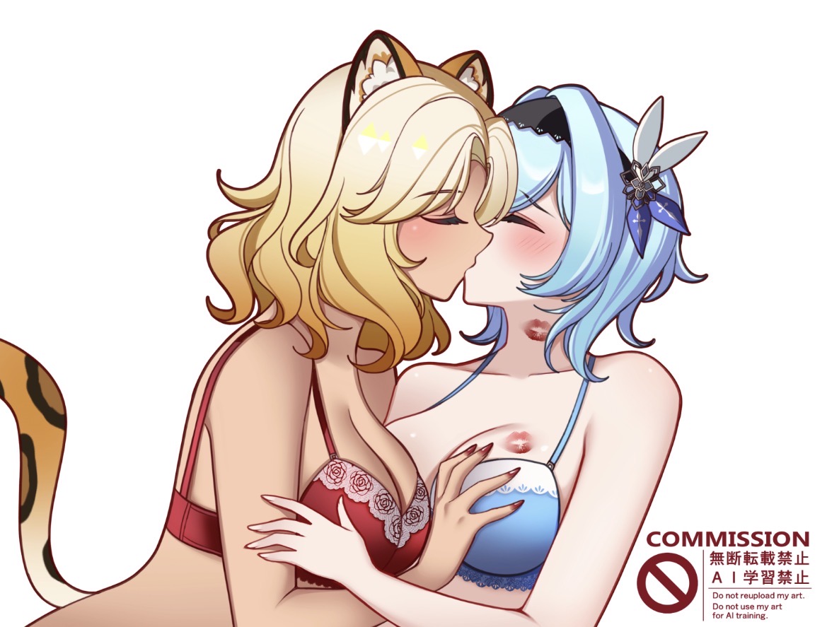 2girls, big ass, blonde hair, blue hair, bra, charlie purrito, couple, eula (genshin impact), female only, female/female, genshin impact, girlfriends, hand on breast, kissing, lesbian couple, lesbian kiss, lioness, lipstick mark, white background, xilonen (genshin impact), yellow hair, yuri
