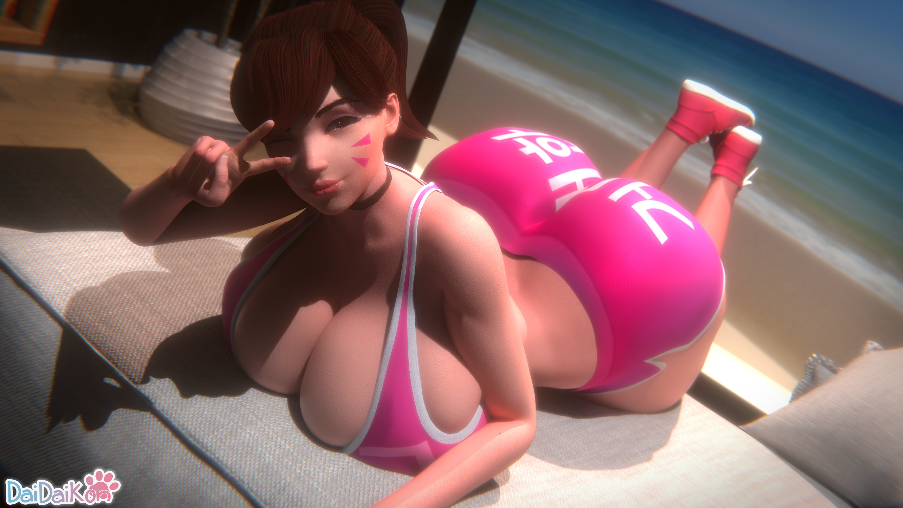 1girl, 3d, alternate breast size, ass, beach, big breasts, black choker, blender, breasts, brown eyes, brown hair, choker, cleavage, clothes writing, clothing, curvy, d.va, daidaikon, dark skin, facepaint, facial mark, feet up, female, gym shorts, huge ass, huge breasts, large breasts, lips, looking at viewer, lying, nose, ocean, on stomach, one eye closed, outdoors, overwatch, pink footwear, pink shorts, pink sports bra, ponytail, rabbit print, scrag boy (model), scrag d.va, shoes, short shorts, shorts, sneakers, solo, sports bra, swept bangs, thick thighs, thighs, v, v over eye, whisker markings