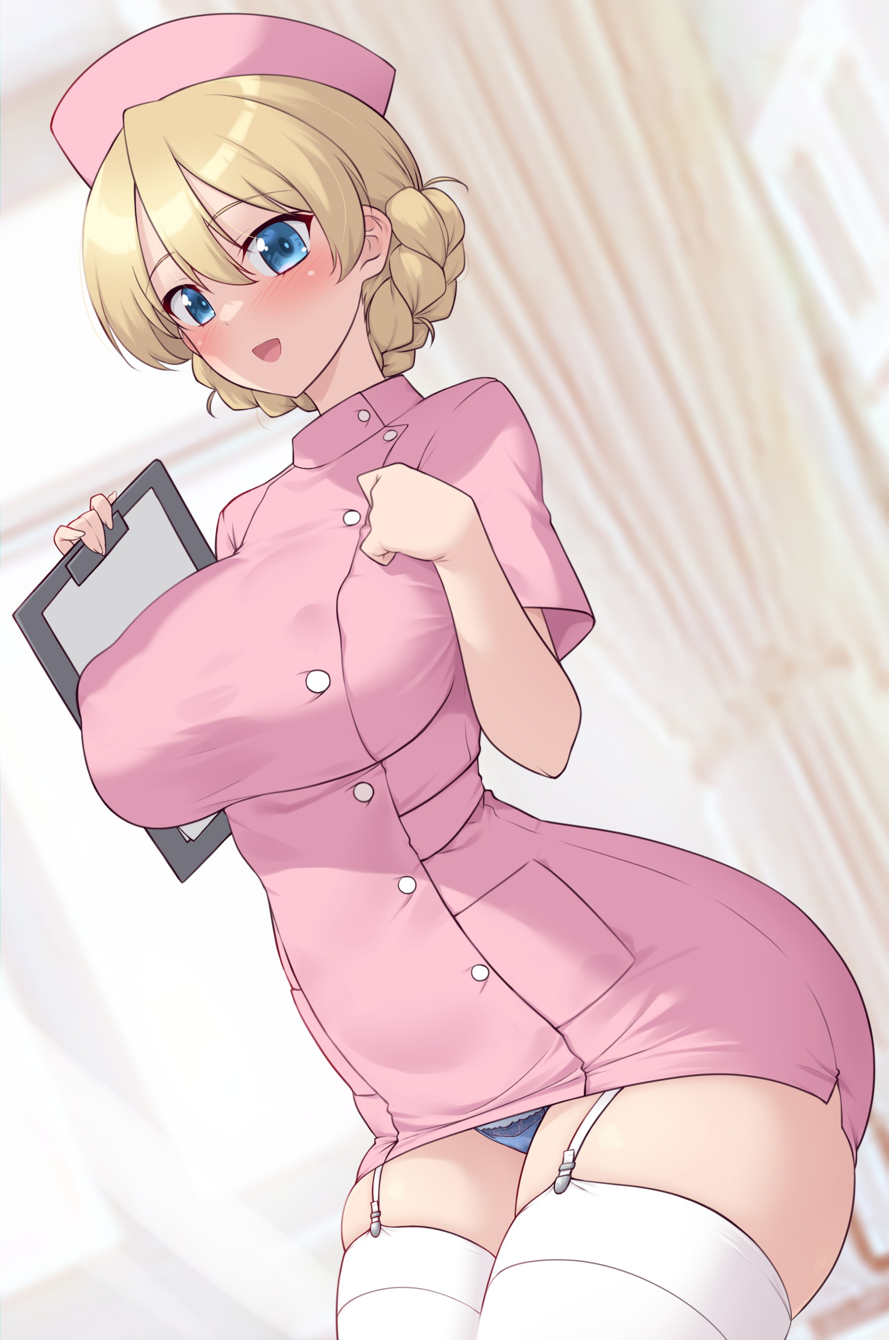 1girls, 2026, 2d, background, blue panties, blush, breasts bigger than head, bursting breasts, darjeeling, erect nipples under clothes, female, female only, gigantic ass, gigantic breasts, gigantic butt, gigantic thighs, girls und panzer, kuzuryuu kennosuke, looking at viewer, nurse, nurse cap, nurse clothing, nurse hat, nurse uniform, open smile, panties, pants, pink clothing, pink hat, schoolgirl, smile, suspenders, white stockings, wide hips