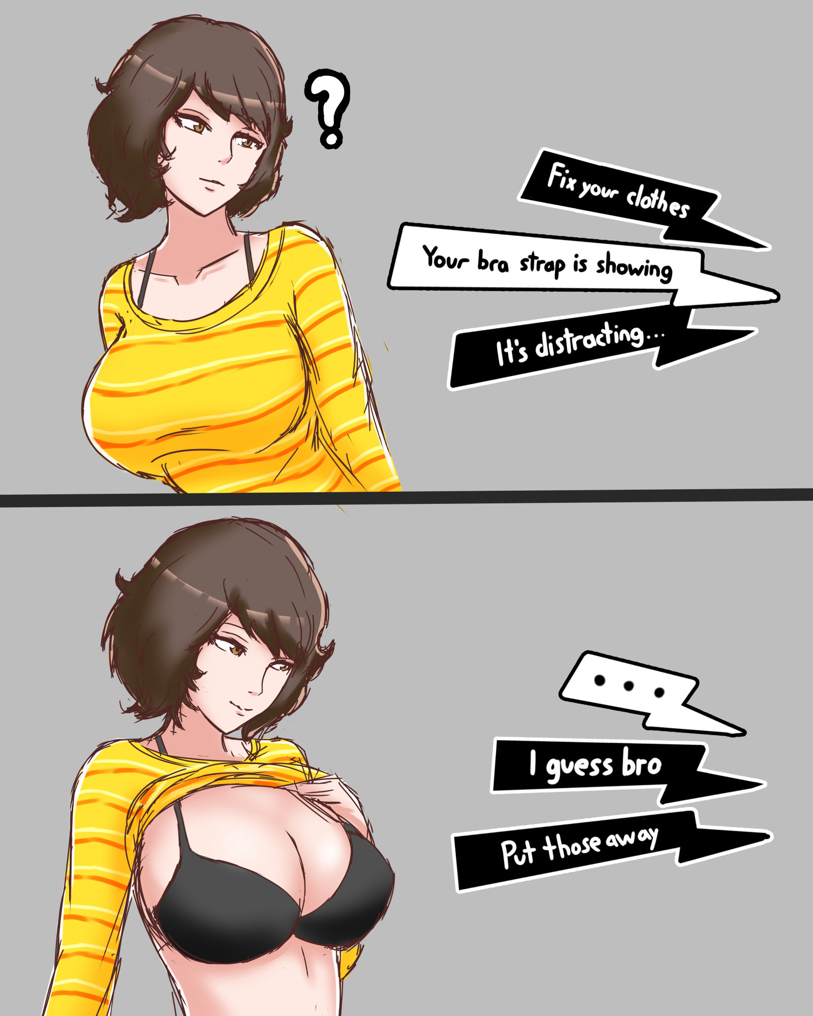 ?, 1girls, 2koma, ajcrowned, atlus, black bra, bra, bra strap, bra strap is showing (meme), brown eyes, brown hair, cleavage, english text, female, grey background, large breasts, long sleeves, matching hair/eyes, meme, persona, persona 5, sadayo kawakami, shirt, shirt lift, shirt lifted by self, short hair, simple background, speech bubble, text
