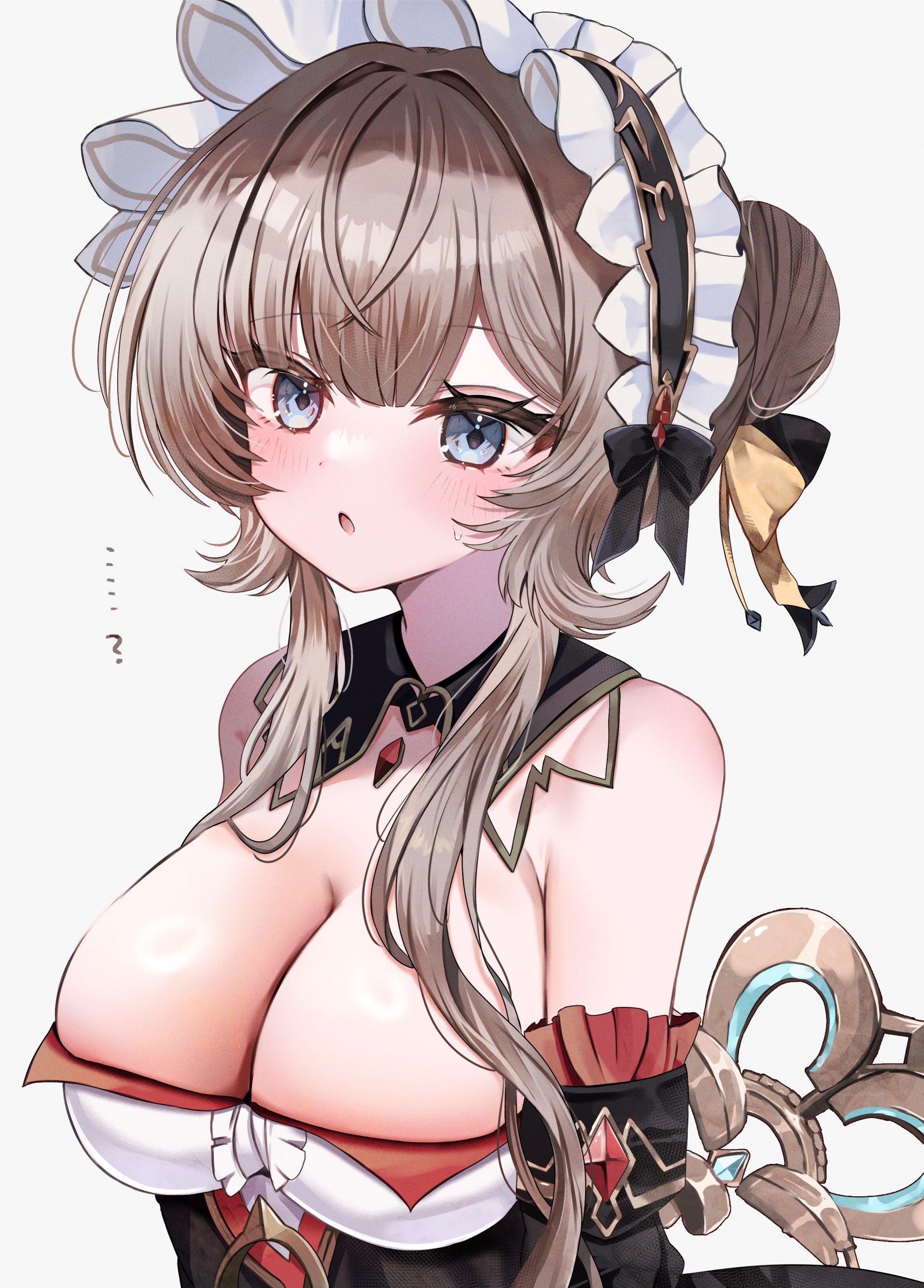 :o, ...?, blush, cleavage, genshin impact, large breasts, looking at viewer, oblivious, sandrone, sandrone (genshin impact), upper body