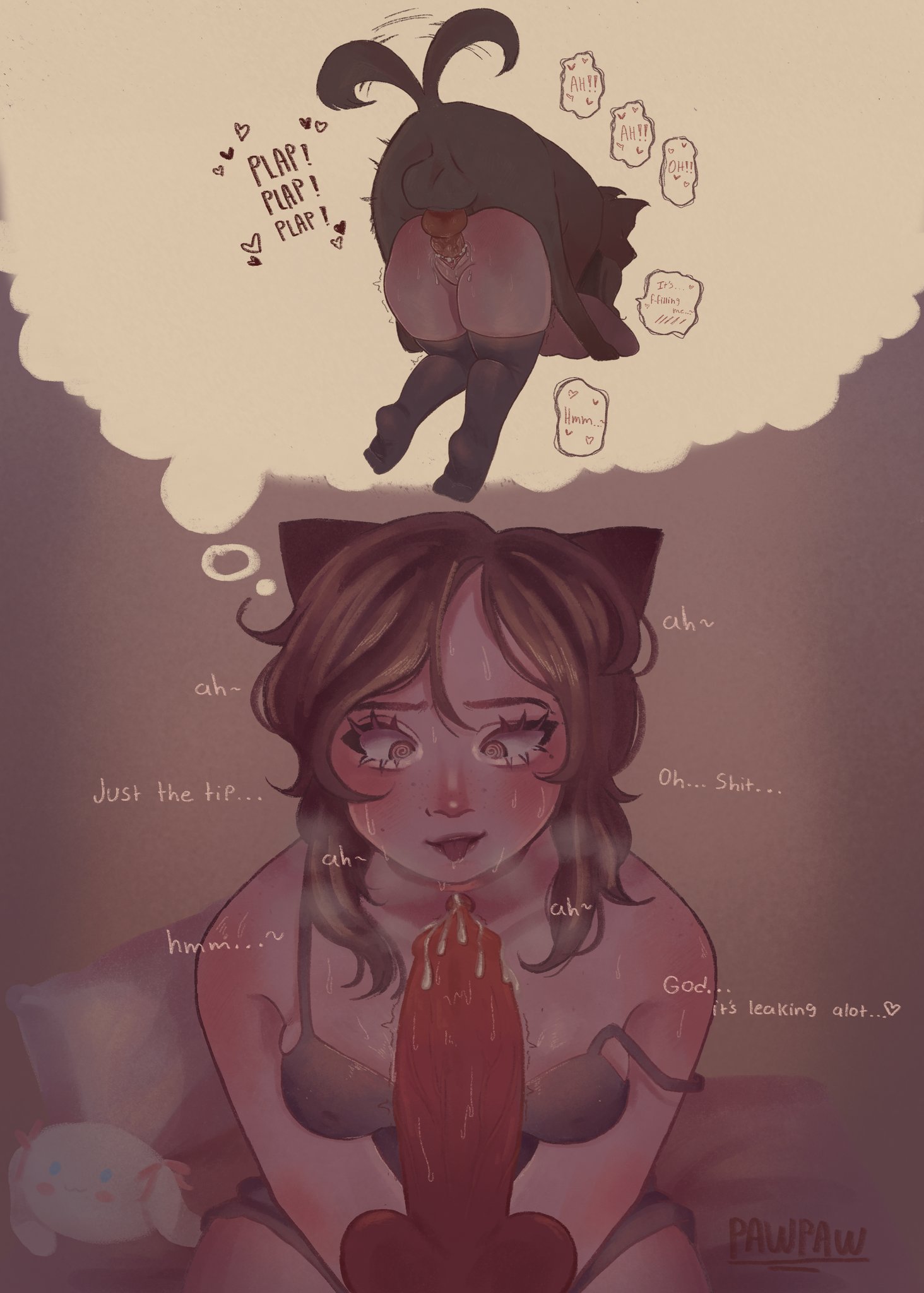 2d, all fours, animal ears, blouse, blush, canine, canine on human, canine penis, cleavage, clothing, daydream, doggy style, face down ass up, female human/male feral, female on feral, femsub, feral, feral on female, feral on human, feral penetrating, feral penetrating human, feral pov, horny, horny female, human female, human on feral, human penetrated, imagining, imminent bestiality, imminent sex, interspecies, light skin, light-skinned female, looking at penis, mascara, medium breasts, original, original character, pov, spiral eyes, submissive human, sweat, sweatdrop, sweetie paw, text, thighhighs, thought bubble, vaginal penetration, zoophilia