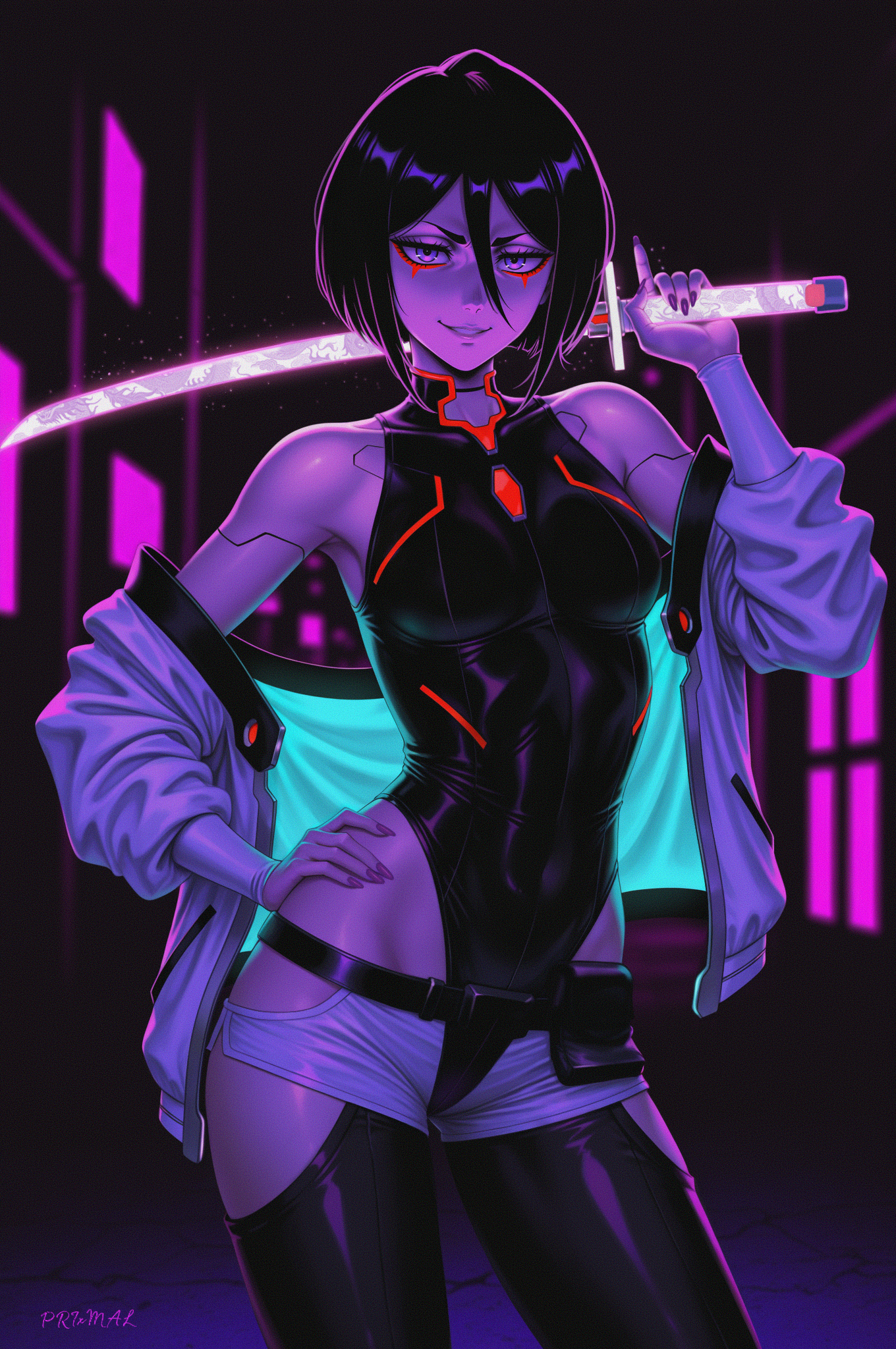 1girl, 1girls, artist signature, belt, black bodysuit, black hair, bleach, bleach: the thousand-year blood war, bodysuit, city, cyberpunk (series), cyberpunk: edgerunners, eyebrows, female, female focus, female only, hair between eyes, hand on hip, hands behind head, high resolution, highres, hips, hot, jacket, jacket open, katana, kuchiki rukia, latex bodysuit, latex clothing, lucyna kushinada (cosplay), makeup, nail polish, neon lights, pants, pelvic curtain, petite, petite body, petite breasts, petite female, prixmal, purple eyes, purple nails, rukia kuchiki, sexy, sexy body, sexy female, sexy pose, short hair, shorts, smile, smiling at viewer, straight hair, thick thighs