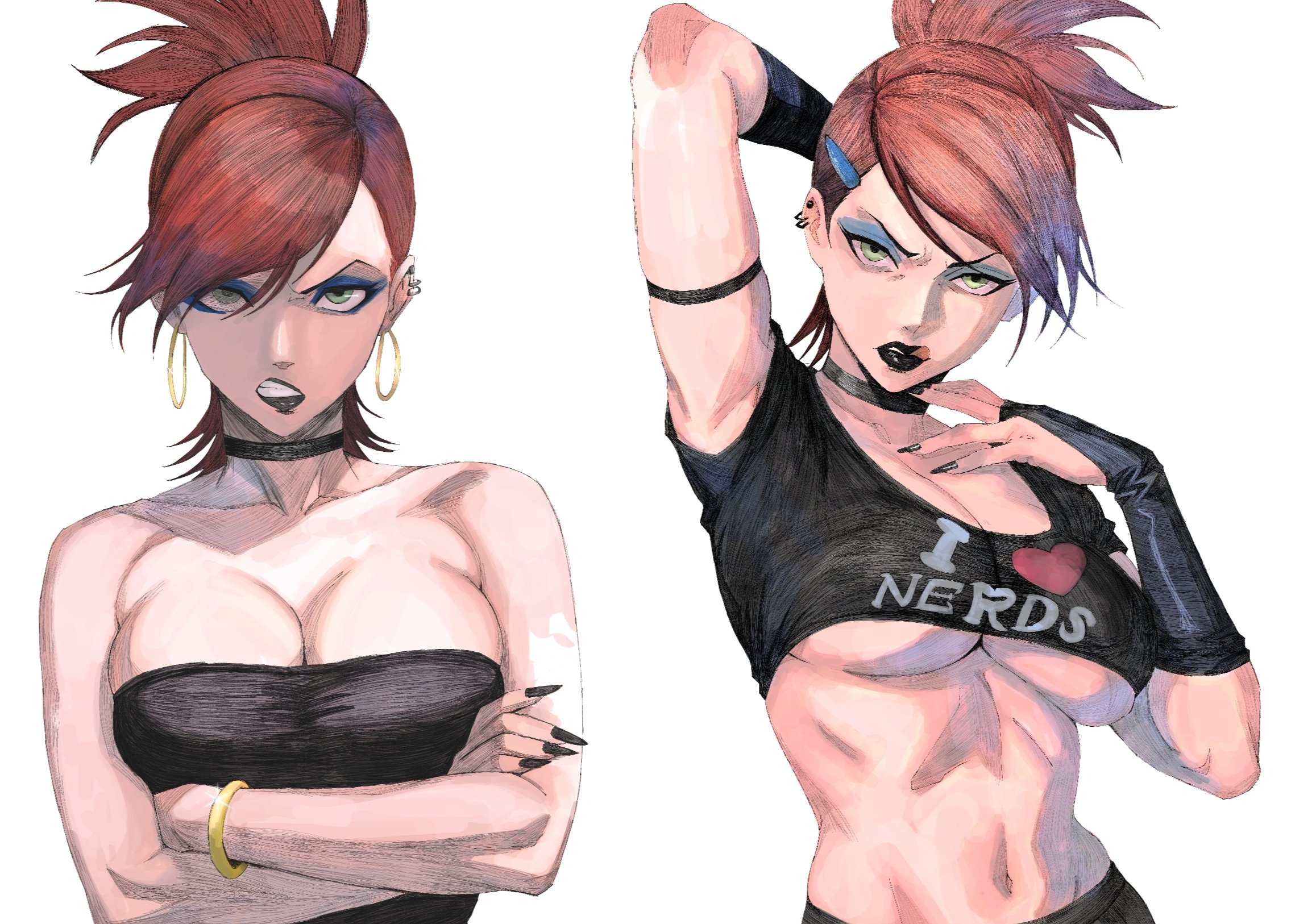 1girls, 2d, 2d (artwork), abs, all black, angry, angry expression, angry face, arm behind head, arms up, big breasts, black lipstick, blue eyes, boob window, breasts, choker, crop top, crossed arms, ear piercing, earrings, exposed midriff, eyebrows, eyelashes, eyeliner, female, female only, fingerless elbow gloves, foster's home for imaginary friends, frankie foster, green eyes, hex mamaniac, huge boobs, huge breasts, lipstick, makeup, midriff, midriff baring shirt, nail polish, pierced ears, red hair, redhead, redhead female, round breasts, simple background, solo female, tagme, tits, tongue out, underboob, wristband
