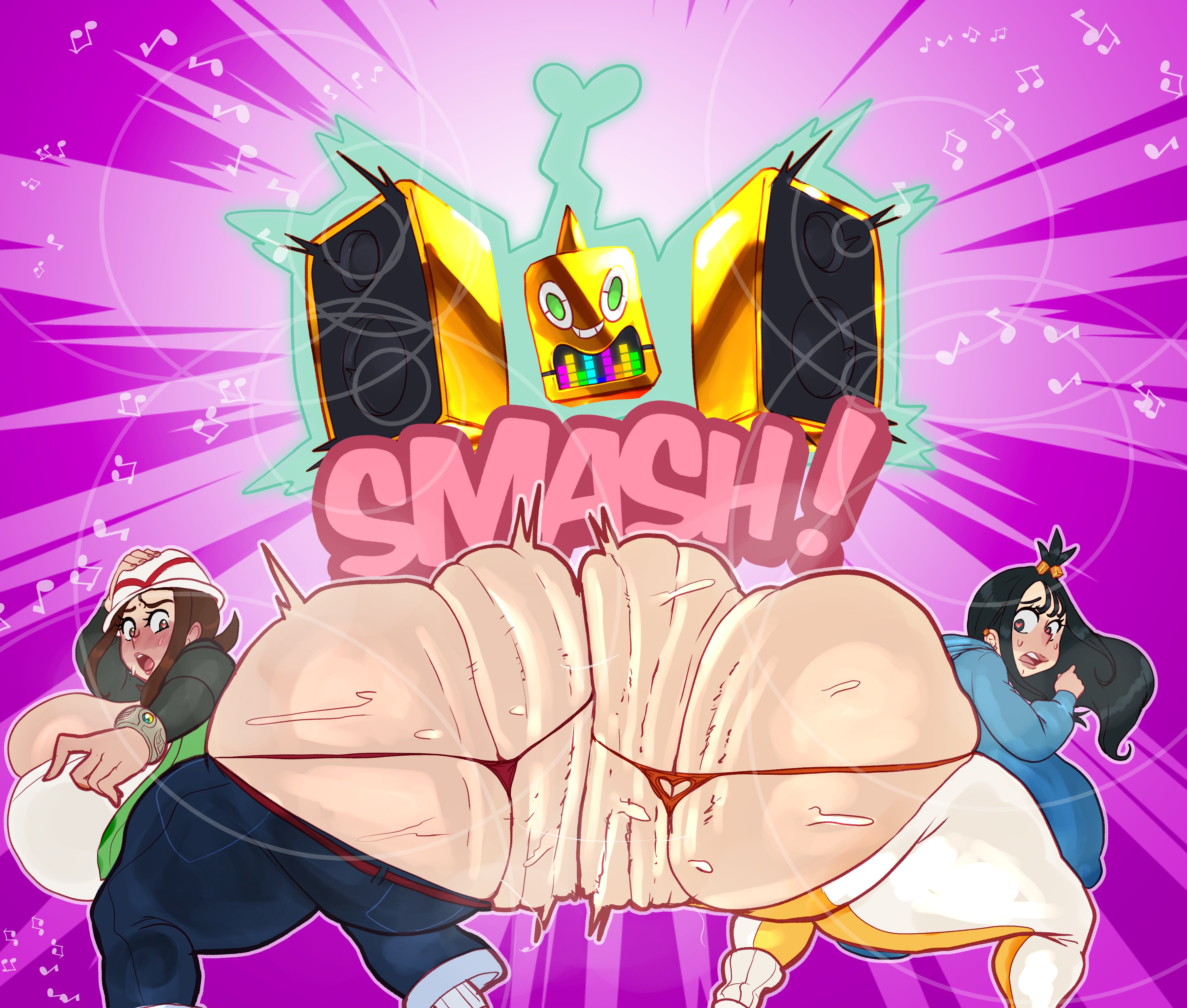 2girls, ass bigger than head, ass bigger than torso, ass expansion, black eyes, black hair, blue jacket, blush, blushing, boombox, bracelet, breasts bigger than head, brown eyes, brown hair, butt bigger than head, butt bigger than torso, butt expansion, clothed, clothed female, clothing, dumptruck ass, dumptruck butt, duro (pokemon), earrings, female, flamingsanity, full lips, gigantic ass, gigantic breasts, gigantic butt, gold boombox (prevence), green jacket, harmony (pokemon), hat, heart-shaped pupils, jacket, lida (pokemon), light skin, light skinned female, light-skinned female, long hair, looking over shoulder, medium hair, mega bracelet, nintendo, nipple bulge, open jacket, orange panties, panties, pants, pokemon, pokemon (species), pokemon legends: z-a, red panties, ripped panties, rotom, seika (pokemon), shocked, shocked expression, shocked eyes, shocked face, suprised, suprised expression, suprised eyes, suprised face, suprised look, sweat, sweatdrop, sweating, sweaty, sweaty ass, sweaty butt, twerking, voluptuous, voluptuous female, white shirt