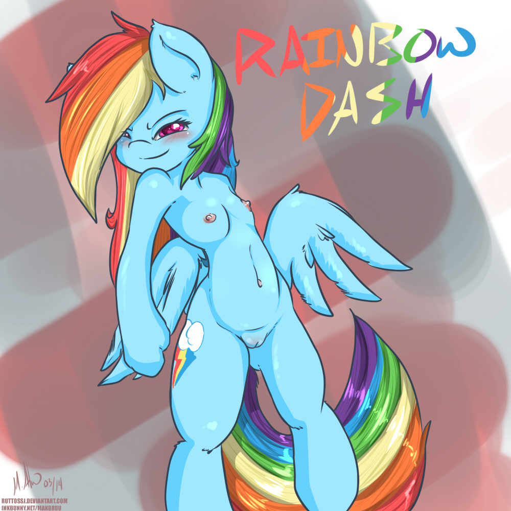 2014 abstract_background anthro anthrofied blue_fur blush breasts cutie_mark english_text equine female friendship_is_magic fur grin hair horse makoruu mammal multicolored_hair my_little_pony navel nipples nude pegasus pony pussy rainbow_dash_(mlp) rainbow_hair solo straight_hair text wings