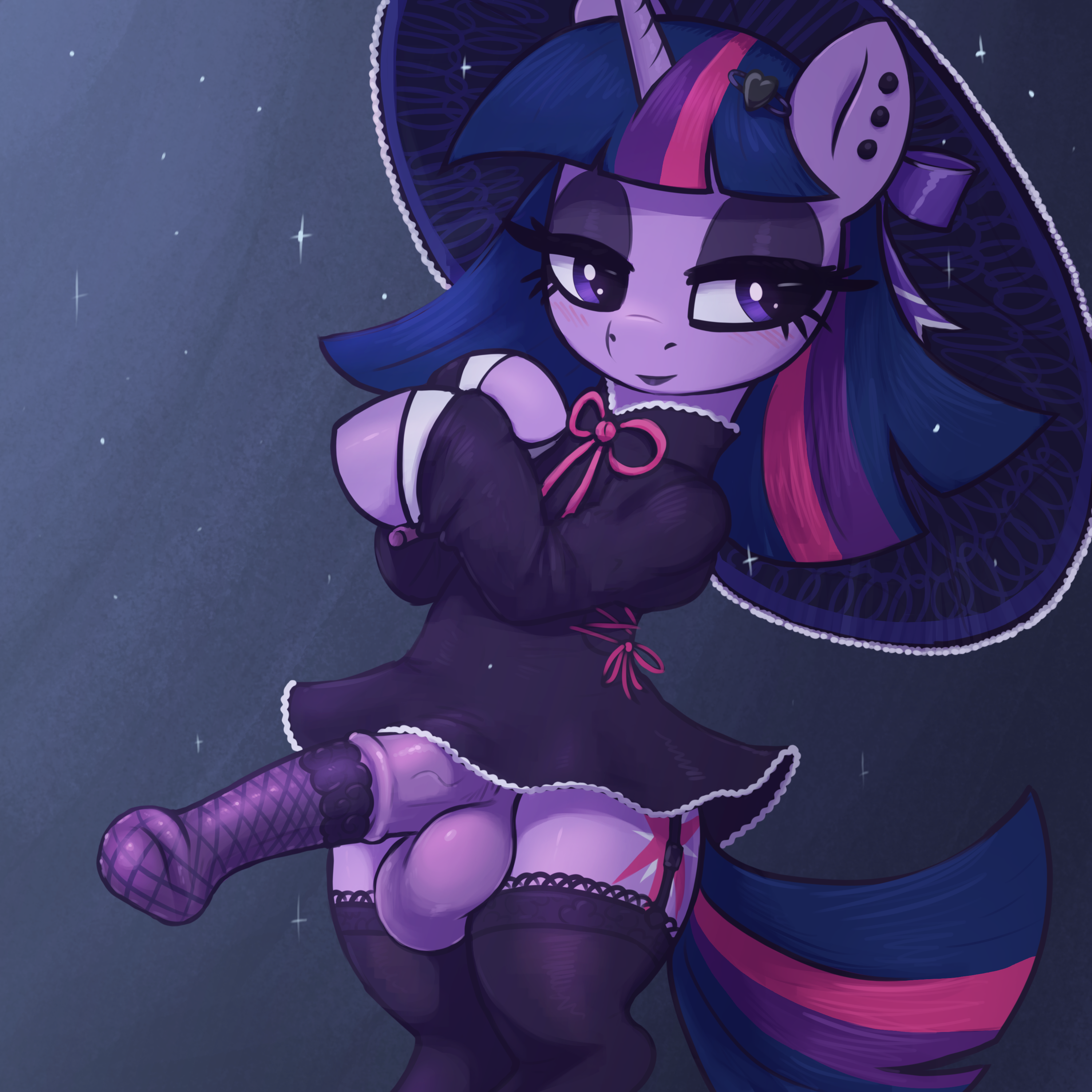 1:1, absurd res, accessory, animal genitalia, animal penis, balls, clothed, clothing, crossgender, ear piercing, equid, equine, equine genitalia, equine penis, eyelashes, friendship is magic, ftg crossgender, fti crossgender, futanari, futatwi, garter straps, genitals, gynomorph, hair accessory, hasbro, hi res, hooves, horn, intersex, legwear, mammal, my little pony, mythological creature, mythological equine, mythology, no underwear, penis, penis clothing, piercing, pink balls, pink penis, pupils, purple body, purple eyes, semi-anthro, solo, t72b, tail, thigh highs, twilight sparkle (mlp), umbrella, unicorn
