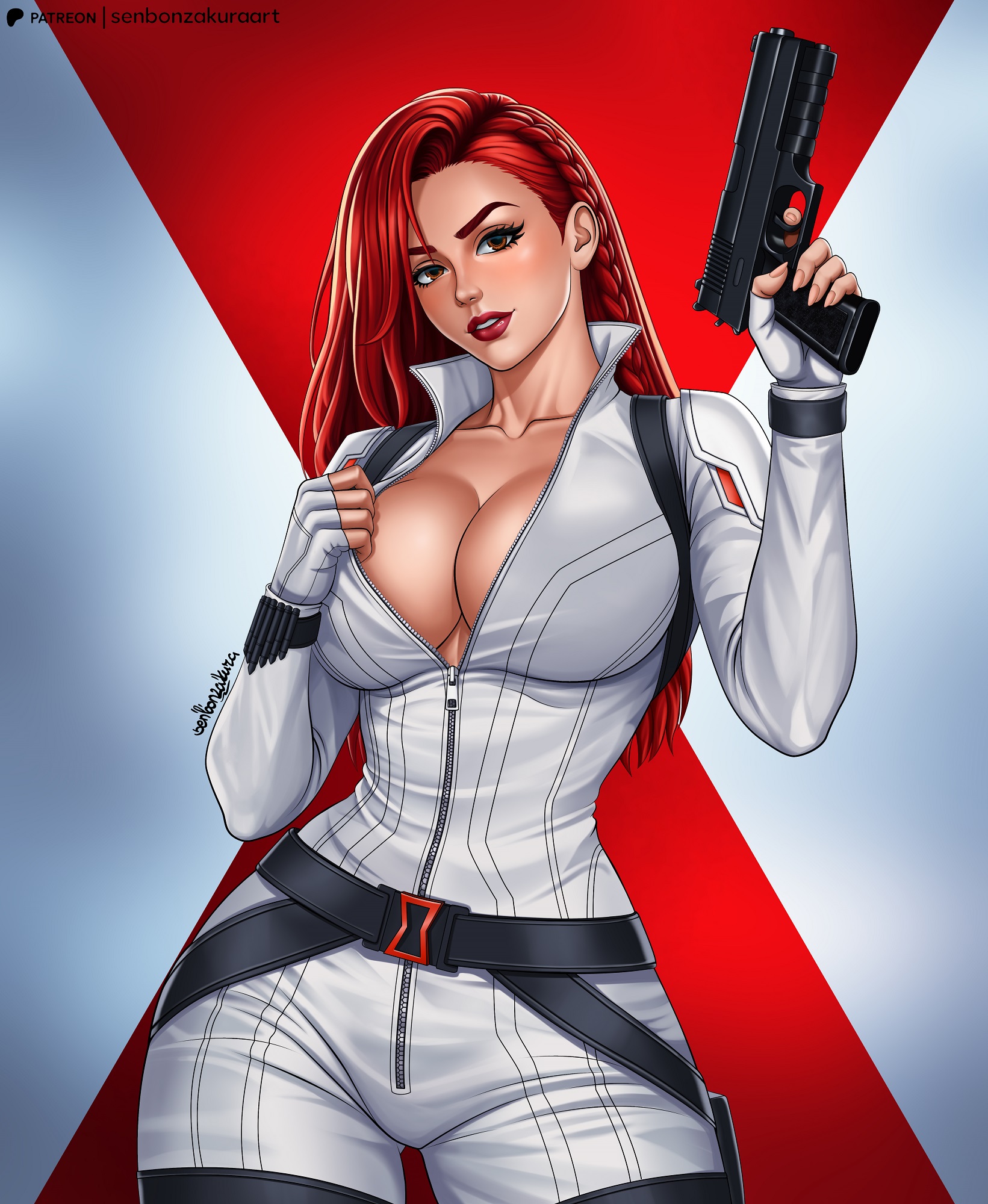 1girls, alluring, armed, background thighs thighs, big breasts, big thighs, black widow (marvel), blush, bodysuit, braided hair, breasts, brown eyes, cleavage, clothed, costume, curvy, dangerous, enticing, erotic, female, female focus, female only, fit, fit body, fit female, fortnite, fortnite: battle royale, front view, girl solo, gloves, gorgeous, gun, holding gun, huge breasts, lips, lipstick, long hair, looking at viewer, marvel, marvel comics, milf, nails, natasha romanoff, only girl, only woman, pigtail, posing, posing for the viewer, posing for viewer, red hair, red lips, red lipstick, redhead, scarlett johansson, seductive, senbonzakuraart, slim waist, solo, solo female, solo focus, solo girl, solo woman, standing, tan body, tan skin, tanned, tanned female, tanned skin, teasing, teasing viewer, temptation, tempting, tempting viewer, thick hips, thick legs, thick thighs, thighhighs, thighs, tight bodysuit, tight clothes, tight clothing, voluptuous, voluptuous female, waist, white costume, white gloves, white suit, wide hips, woman only, woman solo
