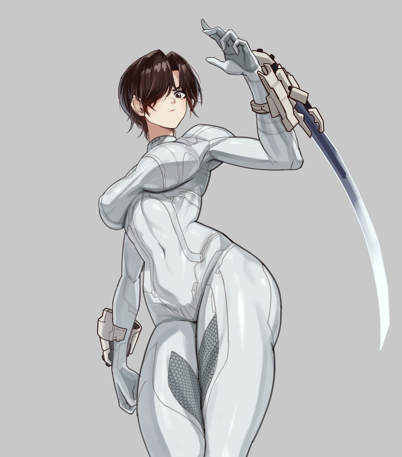 1girls, 2026, blade, bodysuit, breasts, brown hair, bulge, color, colored, curvaceous, curvaceous body, curvaceous female, curvaceous figure, curvaceous hips, curvy, curvy body, curvy female, curvy figure, curvy hips, evie (stellar blade), female, fully clothed, hips, light-skin, light-skinned female, medium breasts, nipple bulge, pinup, podobrick, seductive, seductive look, sfw, shift up, shiny, shiny clothes, short hair, skin tight, stellar blade, stellar blade: blood rain, thick, thick hips, thick thighs, tight clothes, tight clothing, voluptuous, voluptuous female, weapon, wide hips