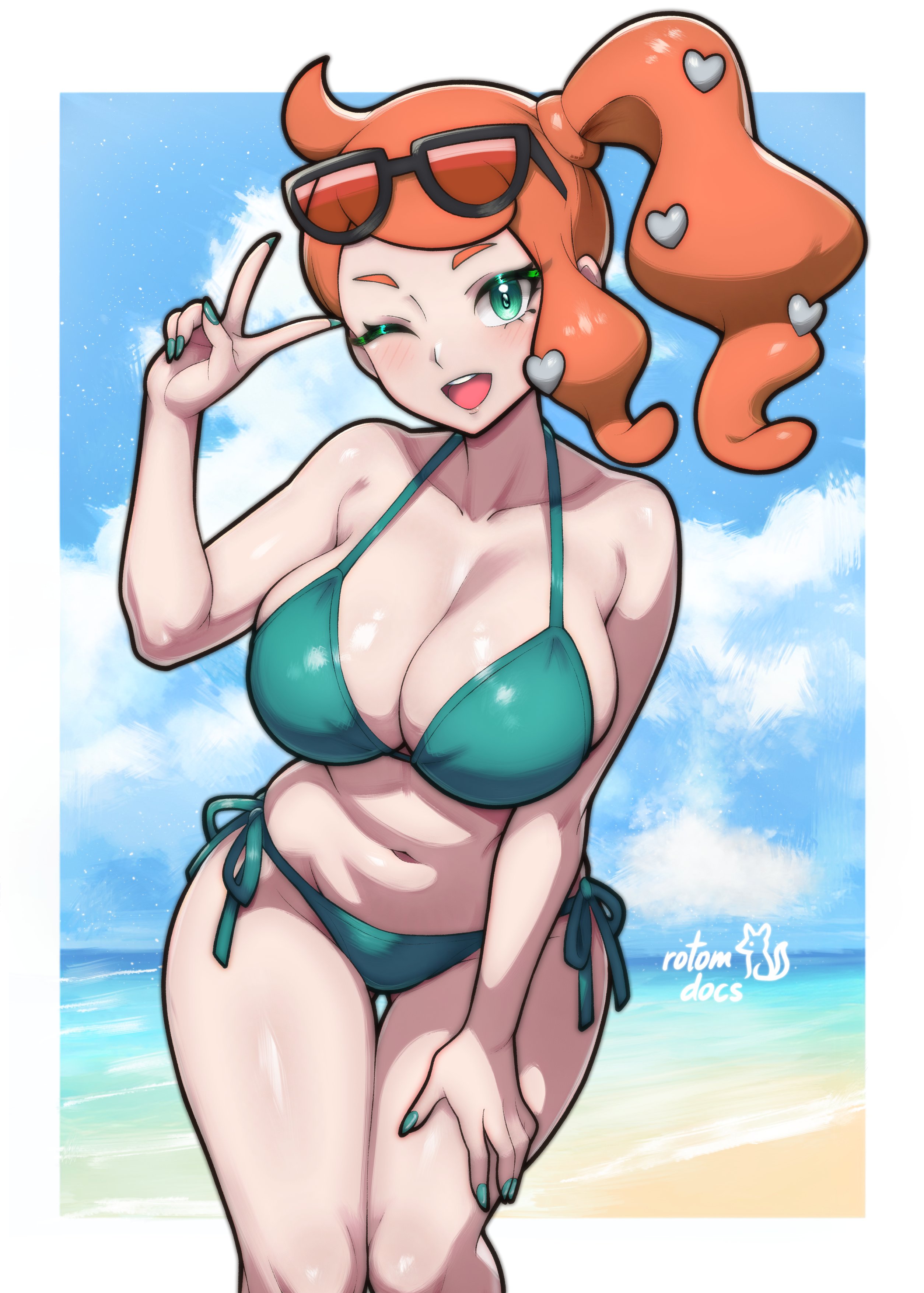 1girl, absurdres, arm support, artist name, ass visible through thighs, beach, big breasts, bikini, blue sky, breasts, cleavage, cloud, collarbone, commentary, commission, english commentary, eyewear on head, full cleavage, game freak, green bikini, green eyes, green nails, hair ornament, halterneck, hand on own thigh, hand up, heart, heart hair ornament, highres, ko-fi commission, large breasts, leaning forward, light blush, looking at viewer, nail polish, navel, nintendo, ocean, one eye closed, open mouth, orange hair, pokemon, pokemon ss, pokemon sword and shield, pokemon swsh, rotomdocs, side ponytail, side-tie bikini bottom, sideboob, single sidelock, sky, solo, sonia (pokemon), standing, stomach, string bikini, sunglasses, swimsuit, teeth, upper teeth only, v, wink, winking, winking at viewer